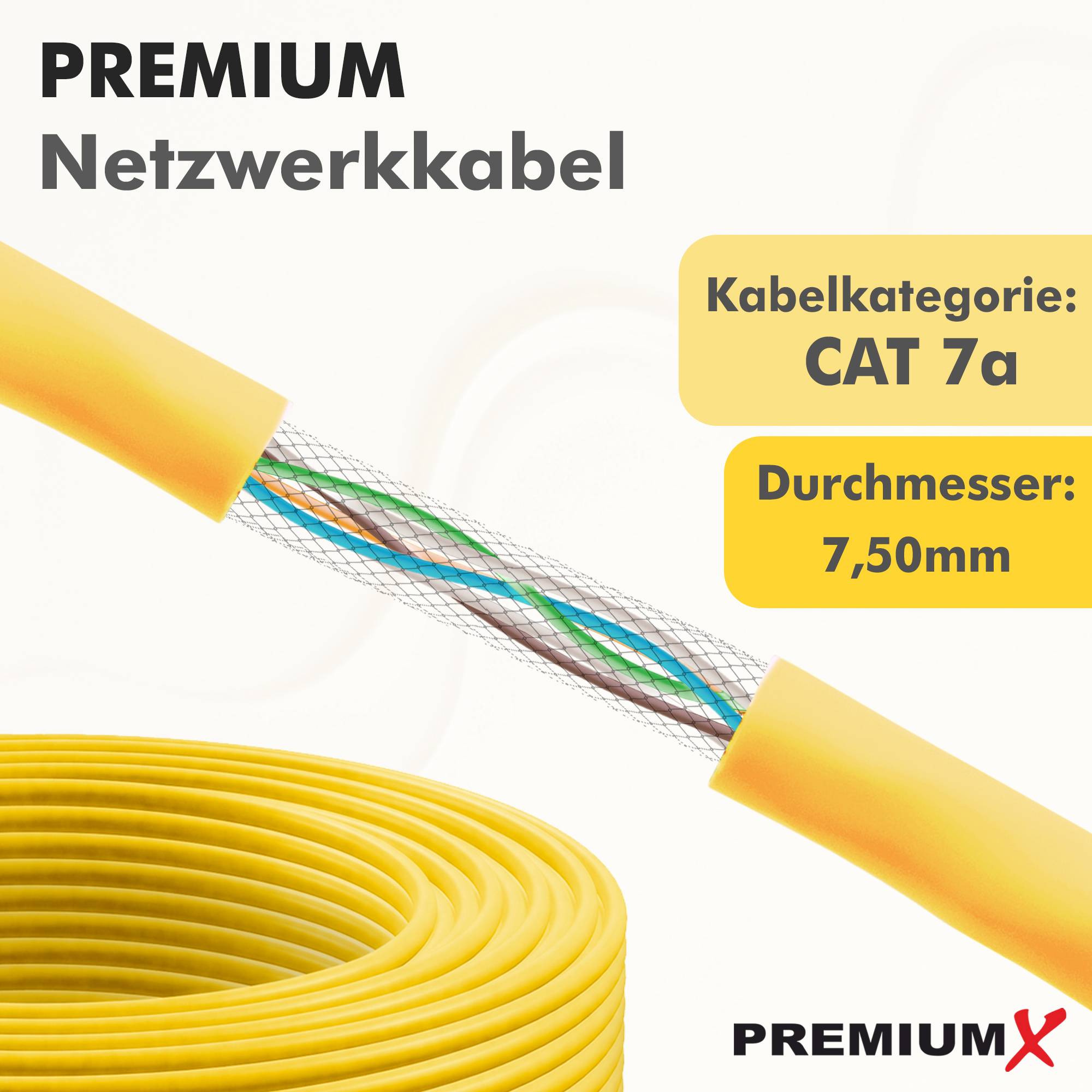 PremiumX 250m CAT 7A Netzwerkkabel Duplex LAN-Kabel Verlegekabel Ethernet Kupfer Datenkabel AWG 23 S/FTP PiMF PoE Eca Cat7A 1200 MHz