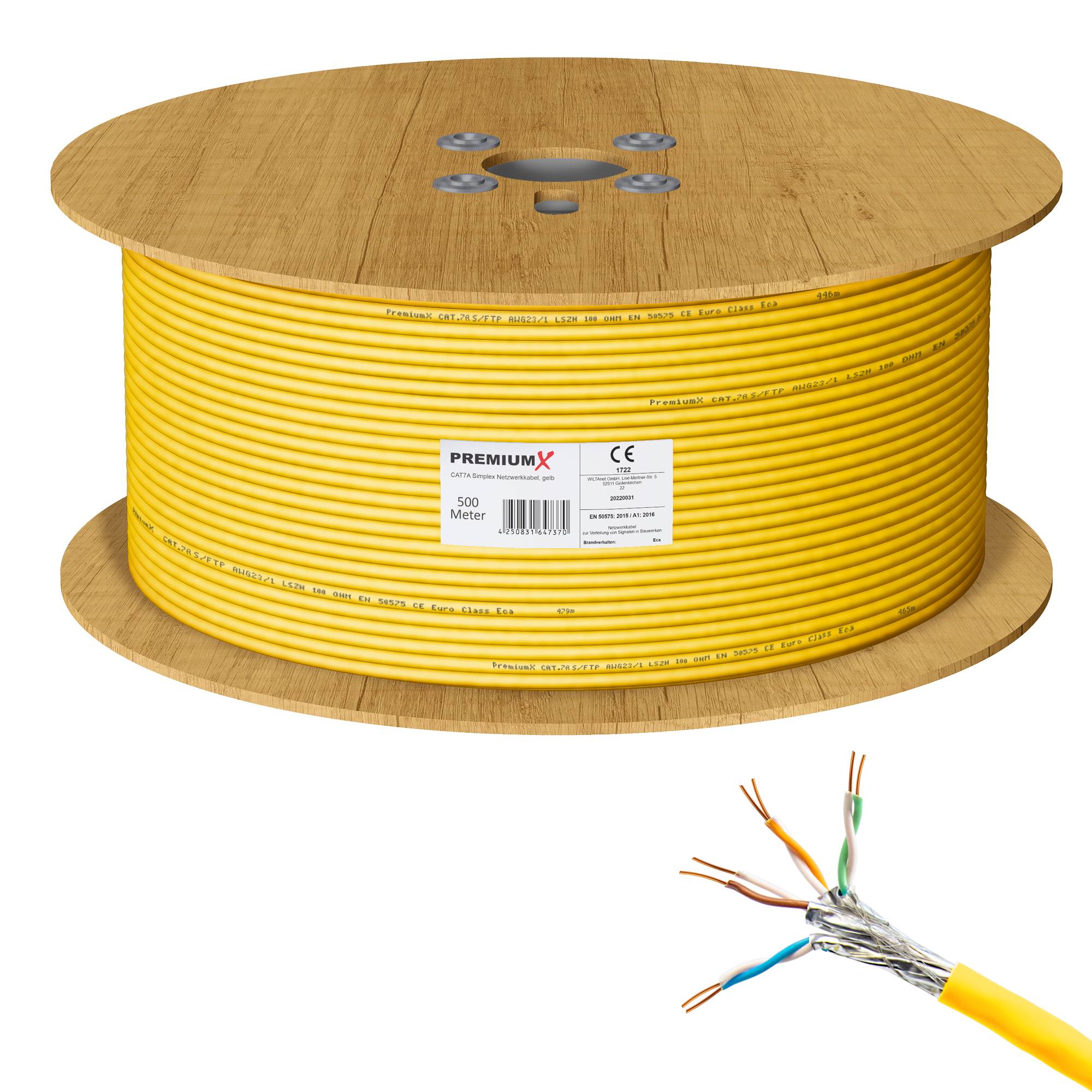 PremiumX 500m CAT 7A Netzwerkkabel Simplex LAN-Kabel Verlegekabel Ethernet Kupfer Datenkabel AWG 23 S/FTP PiMF PoE Eca Cat7A 1200 MHz