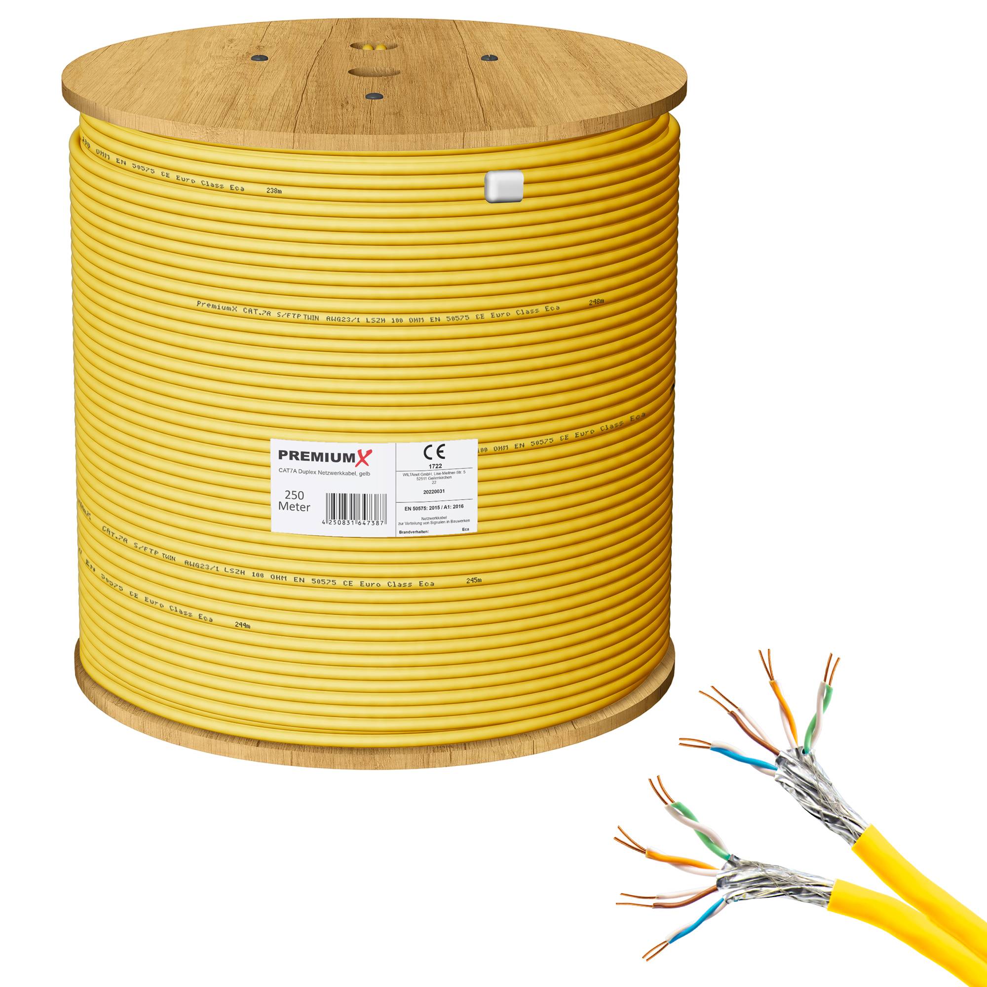 PremiumX 250m CAT 7A Netzwerkkabel Duplex LAN-Kabel Verlegekabel Ethernet Kupfer Datenkabel AWG 23 S/FTP PiMF PoE Eca Cat7A 1200 MHz
