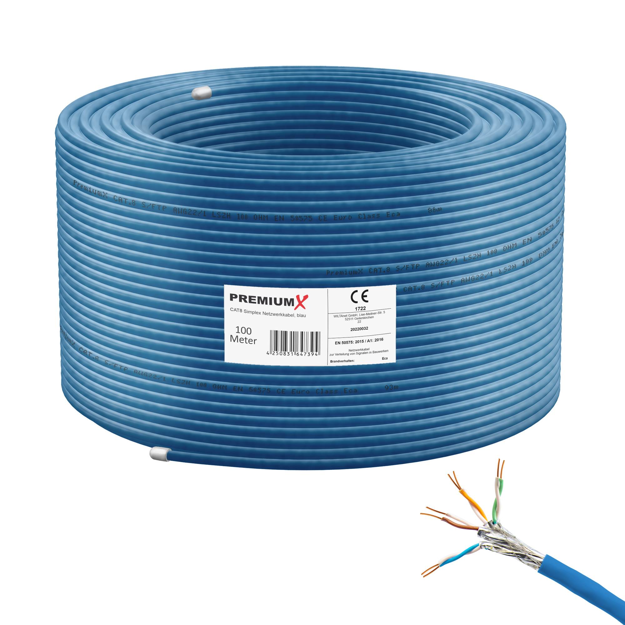 PremiumX 100m CAT 8 Netzwerkkabel LAN Kabel Verlegekabel Ethernet Cat8 Installationskabel 40 Gbit/s AWG 23 reines Kupfer S/FTP PiMF PoE Eca Klasse