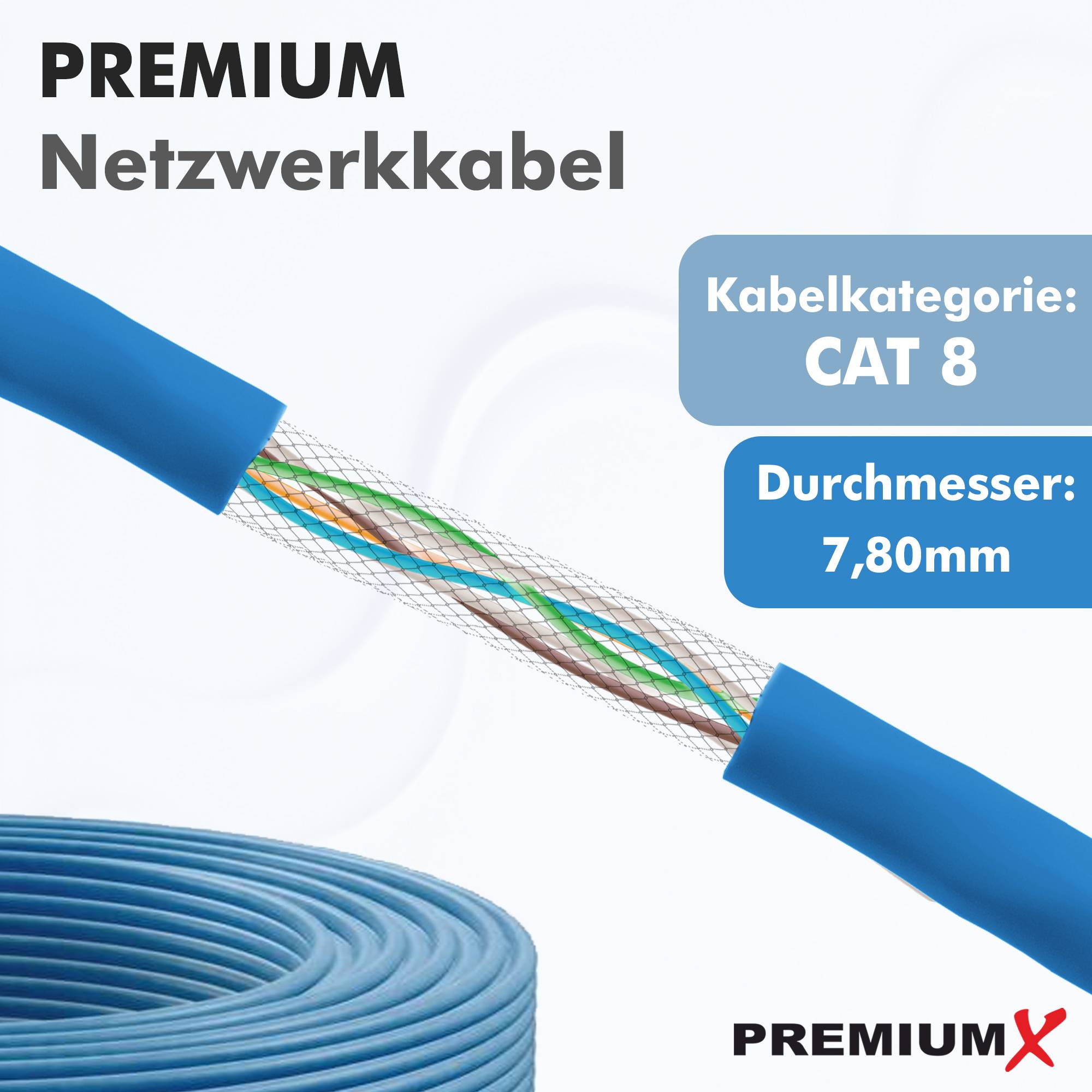 PremiumX 250m CAT 8 Netzwerkkabel LAN Kabel Verlegekabel Ethernet Cat8 Installationskabel 40 Gbit/s AWG 23 reines Kupfer S/FTP PiMF PoE Eca Klasse