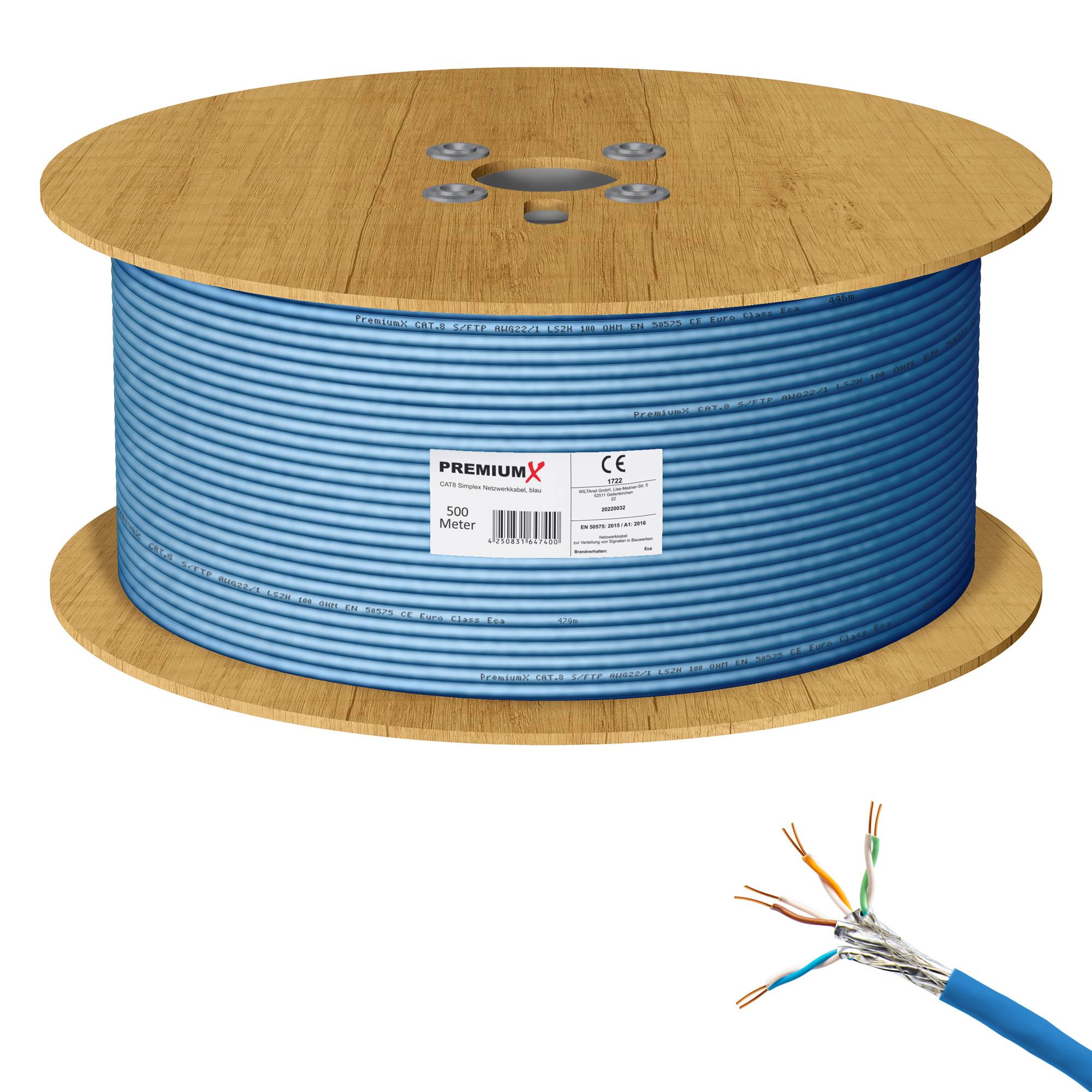 PremiumX 500m CAT 8 Netzwerkkabel LAN Kabel Verlegekabel Ethernet Cat8 Installationskabel 40 Gbit/s AWG 23 reines Kupfer S/FTP PiMF PoE Eca Klasse