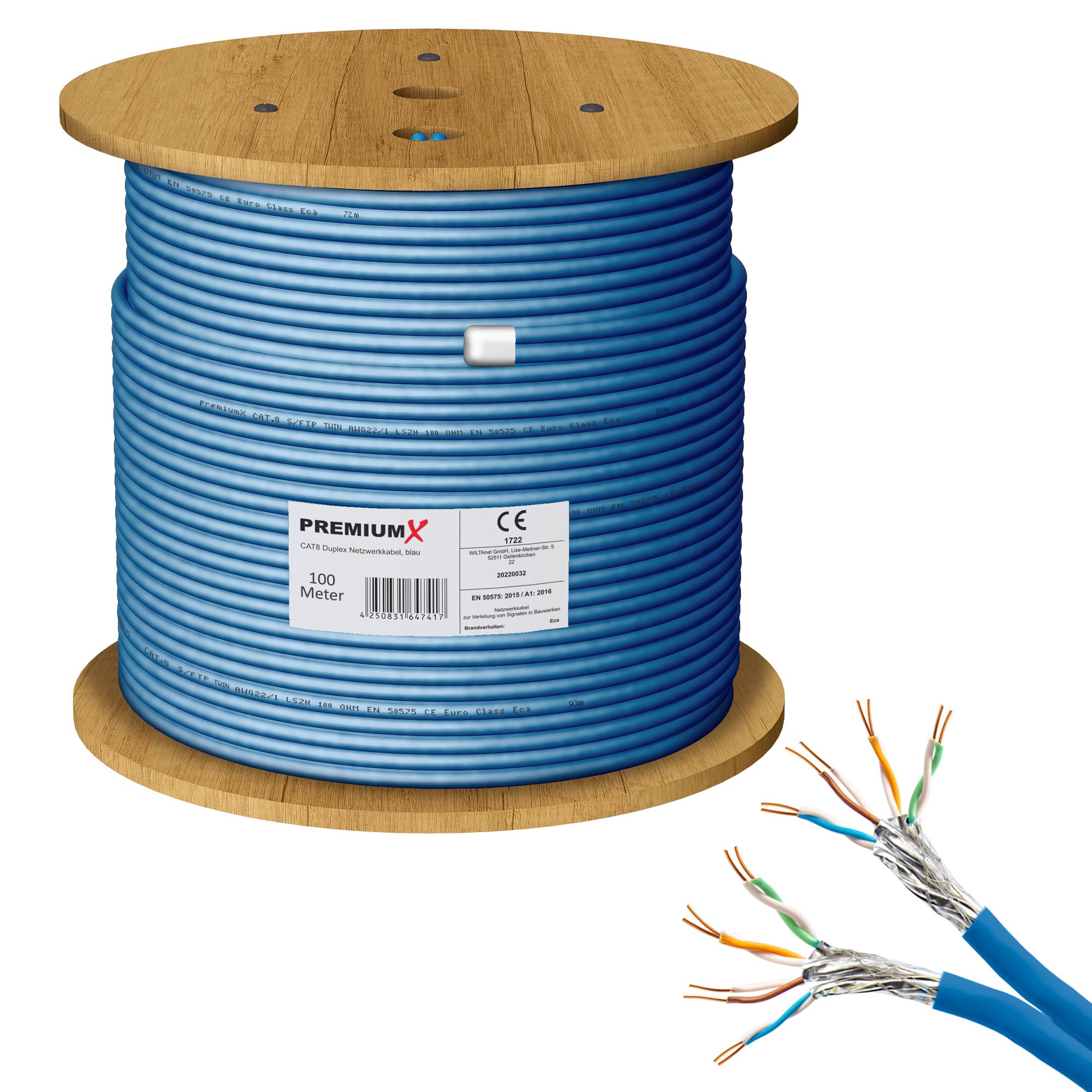 PremiumX 100m CAT 8 Netzwerkkabel LAN Kabel Verlegekabel Ethernet Cat8 Installationskabel 40 Gbit/s AWG 23 reines Kupfer S/FTP PiMF PoE Eca Klasse