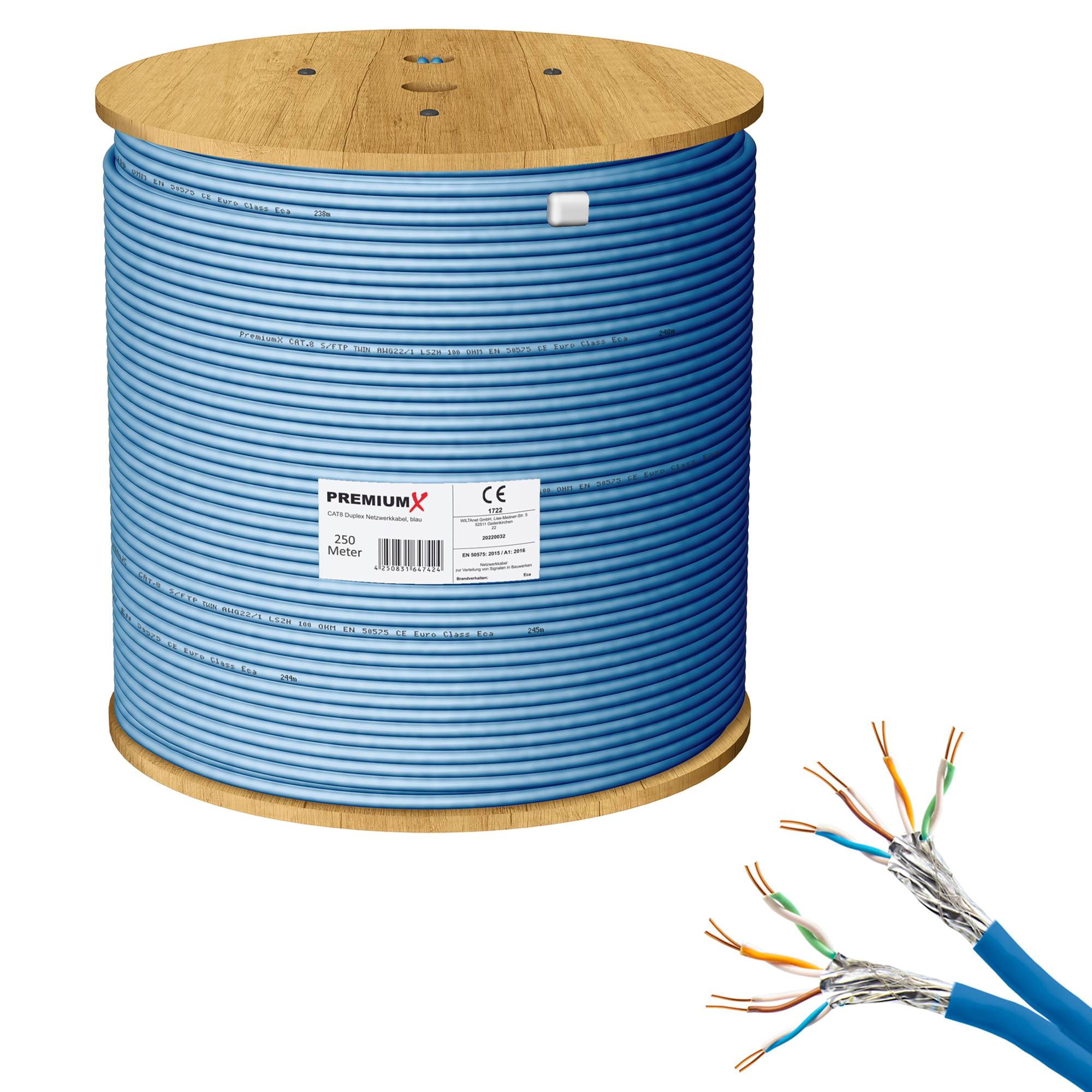 PremiumX 250m CAT 8 Netzwerkkabel LAN Kabel Verlegekabel Ethernet Cat8 Installationskabel 40 Gbit/s AWG 23 reines Kupfer S/FTP PiMF PoE Eca Klasse