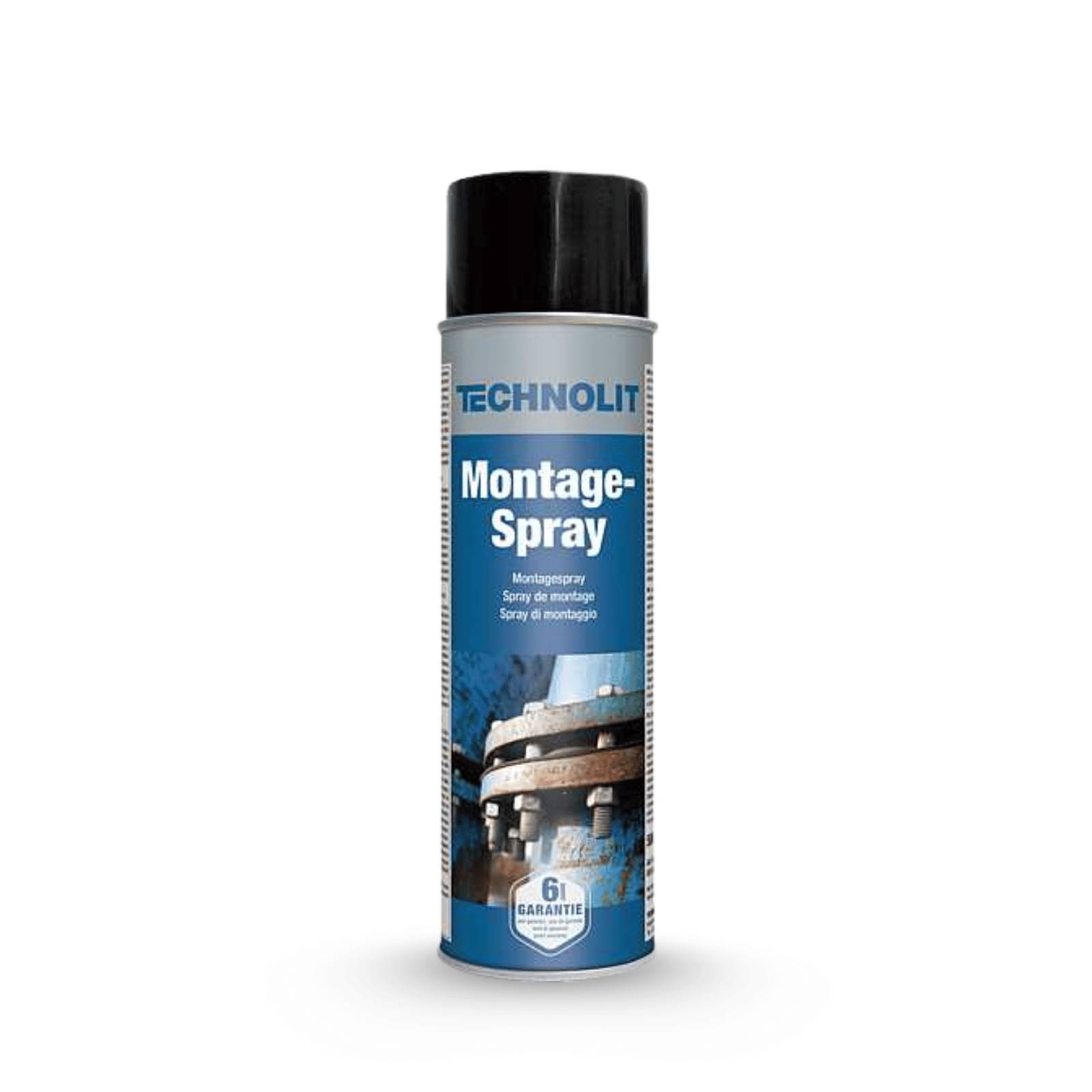 Dose mit 'TECHNOLIT Montage-Spray' mit blauem und schwarzem Etikett, zeigt eine Nahaufnahme von Maschinen.