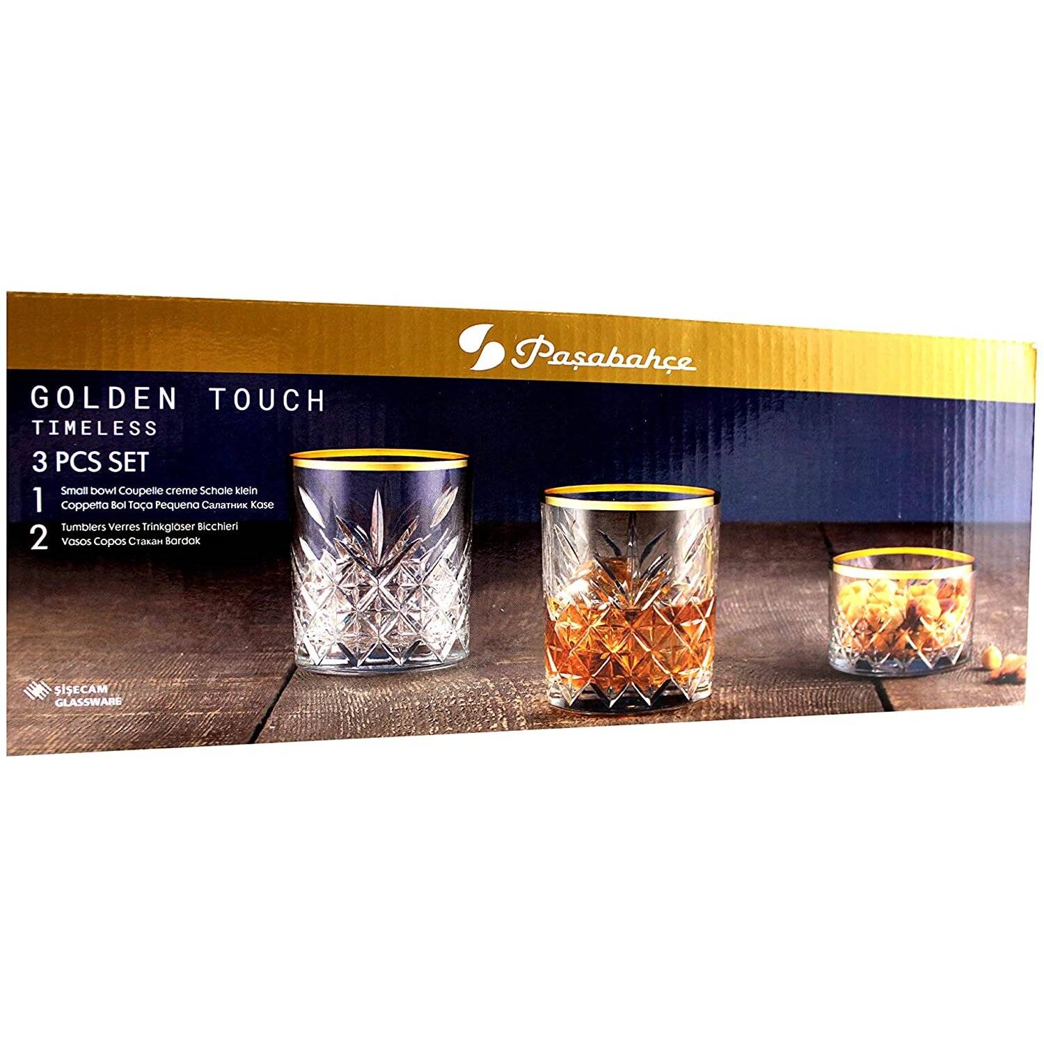 Pasabahce 96818 Timeless Golden Touch 3 teilig im Kristall-Design Retro Design - 2 Whisky Glas und 1 Kristall-Schale