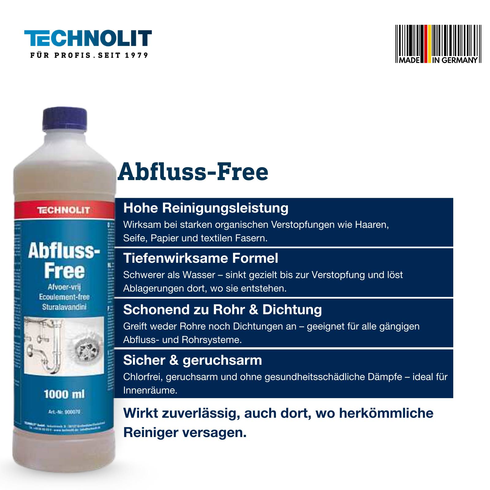 Das Bild zeigt eine Flasche von „Abfluss-Free