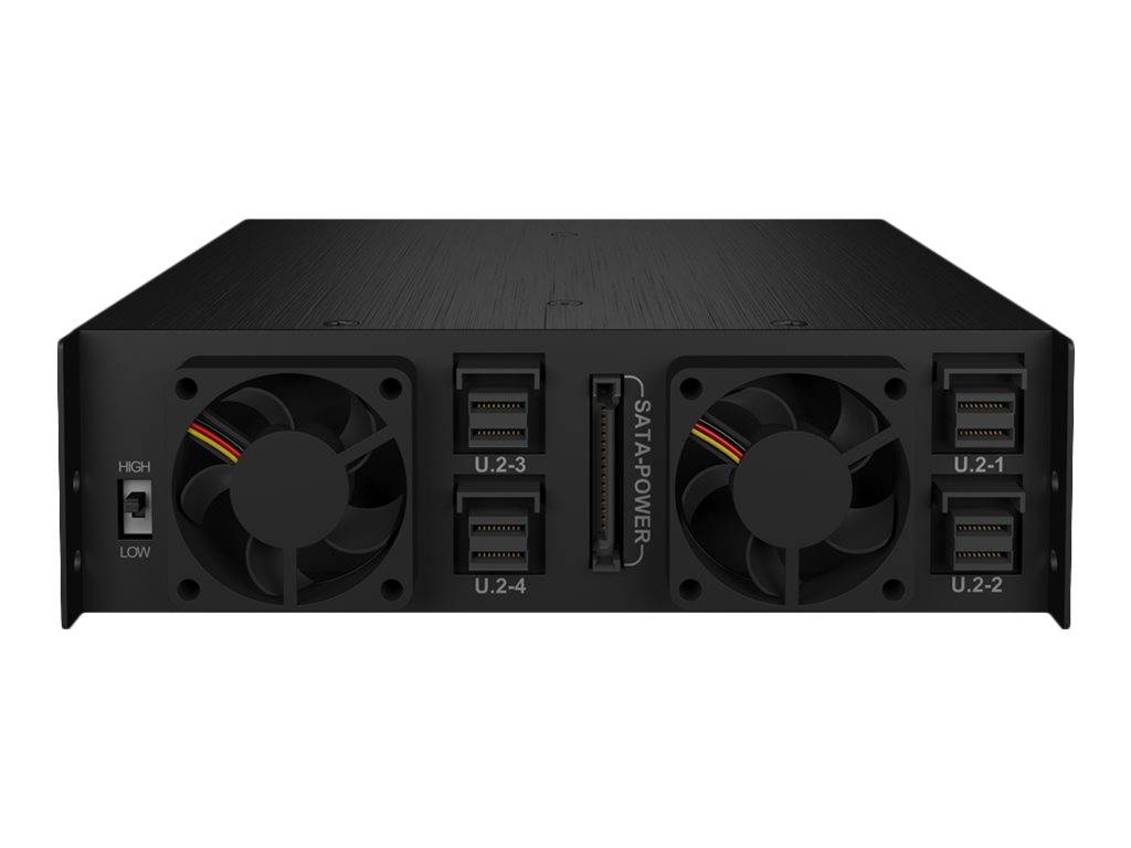 Rückansicht eines schwarzen elektronischen Geräts mit zwei Kühlventilatoren, Stromsteckern und vier gekennzeichneten USB-Anschlüssen.