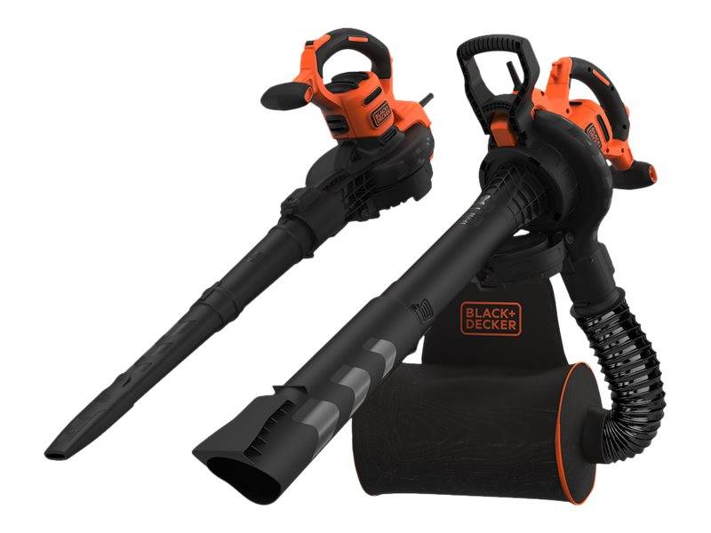 Black+Decker Rucksack-Laubgebläse und Staubsauger mit zwei orange-schwarzen tragbaren Aufsätzen auf weißem Hintergrund.