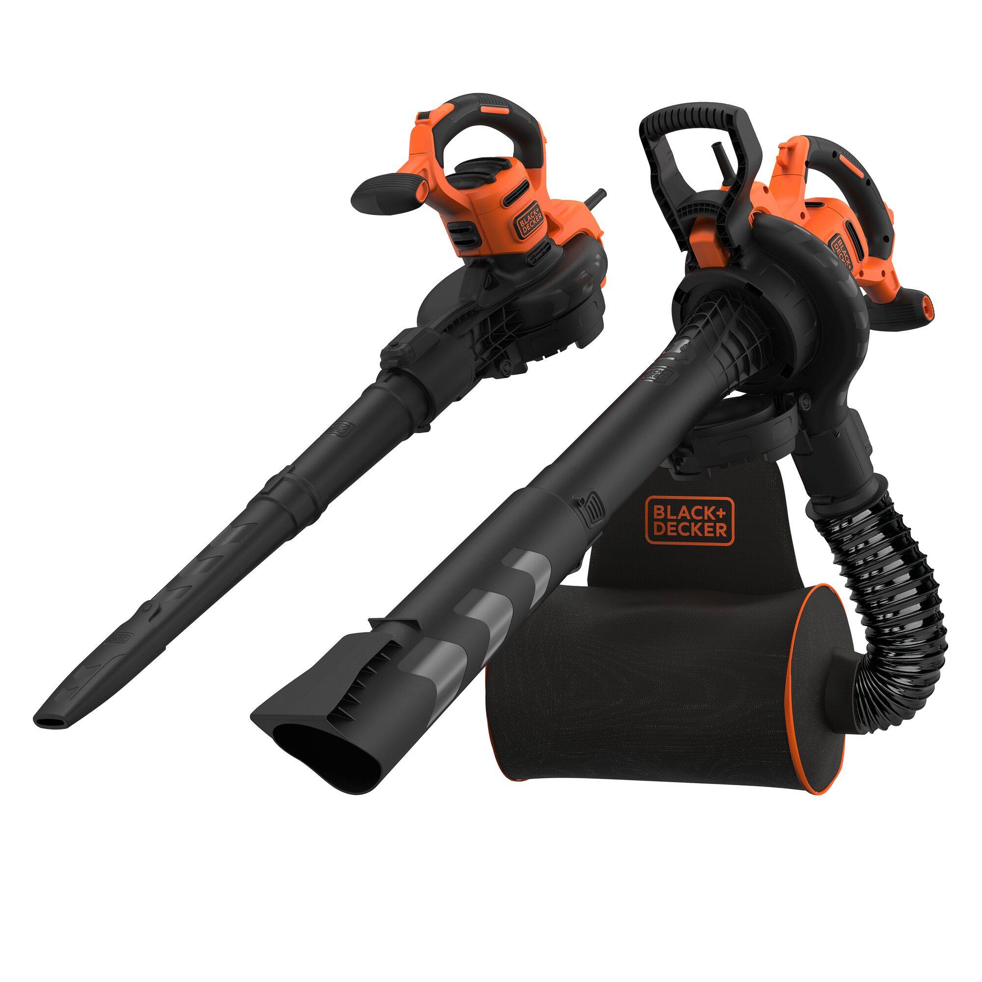 Black+Decker Rucksack-Laubgebläse mit zwei orange-schwarzen tragbaren Düsen und einem schwarzen Sammelbeutel.
