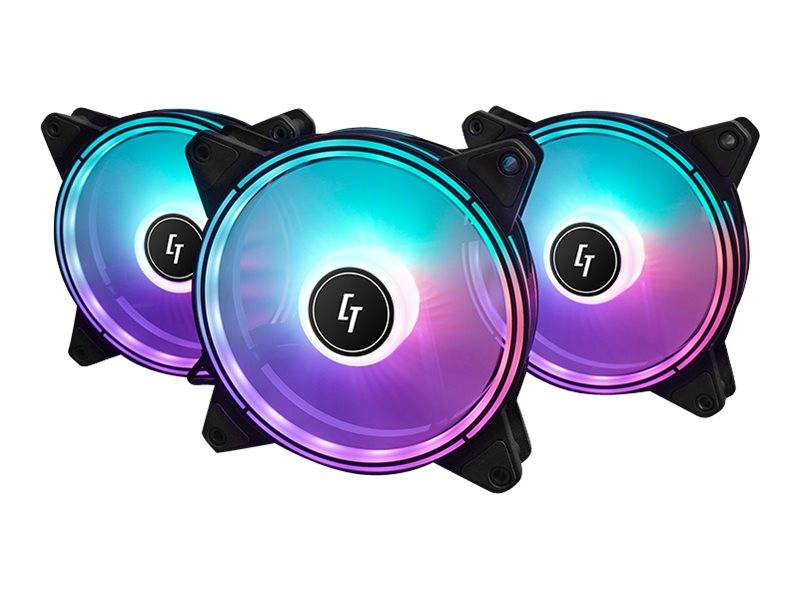 Drei RGB-Computerkühler mit leuchtenden cyan-, violett- und rosafarbenen Ringen auf weißem Hintergrund.