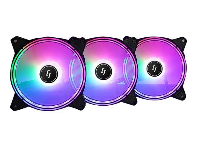 Drei RGB-Computerlüfter mit leuchtenden Regenbogen-LED-Ringen, nebeneinander auf weißem Hintergrund gezeigt.