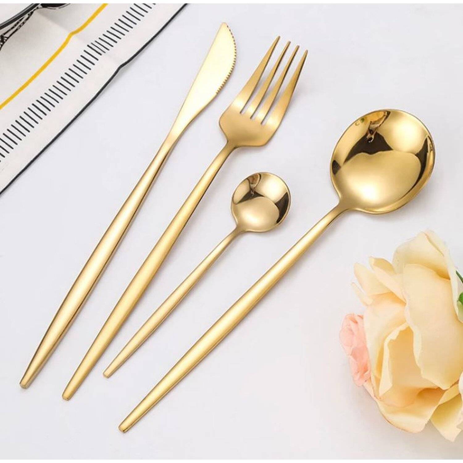 Besteckset 30 teilig für 6 Personen Edelstahl 18/10 Mehrzweck Einsatz für Zuhause Messer Gabel Löffel Küche, Gold