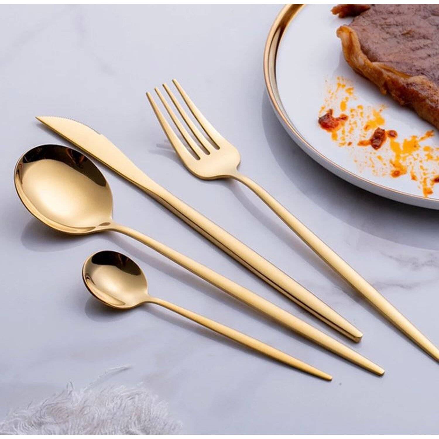 Besteckset 30 teilig für 6 Personen Edelstahl 18/10 Mehrzweck Einsatz für Zuhause Messer Gabel Löffel Küche, Gold