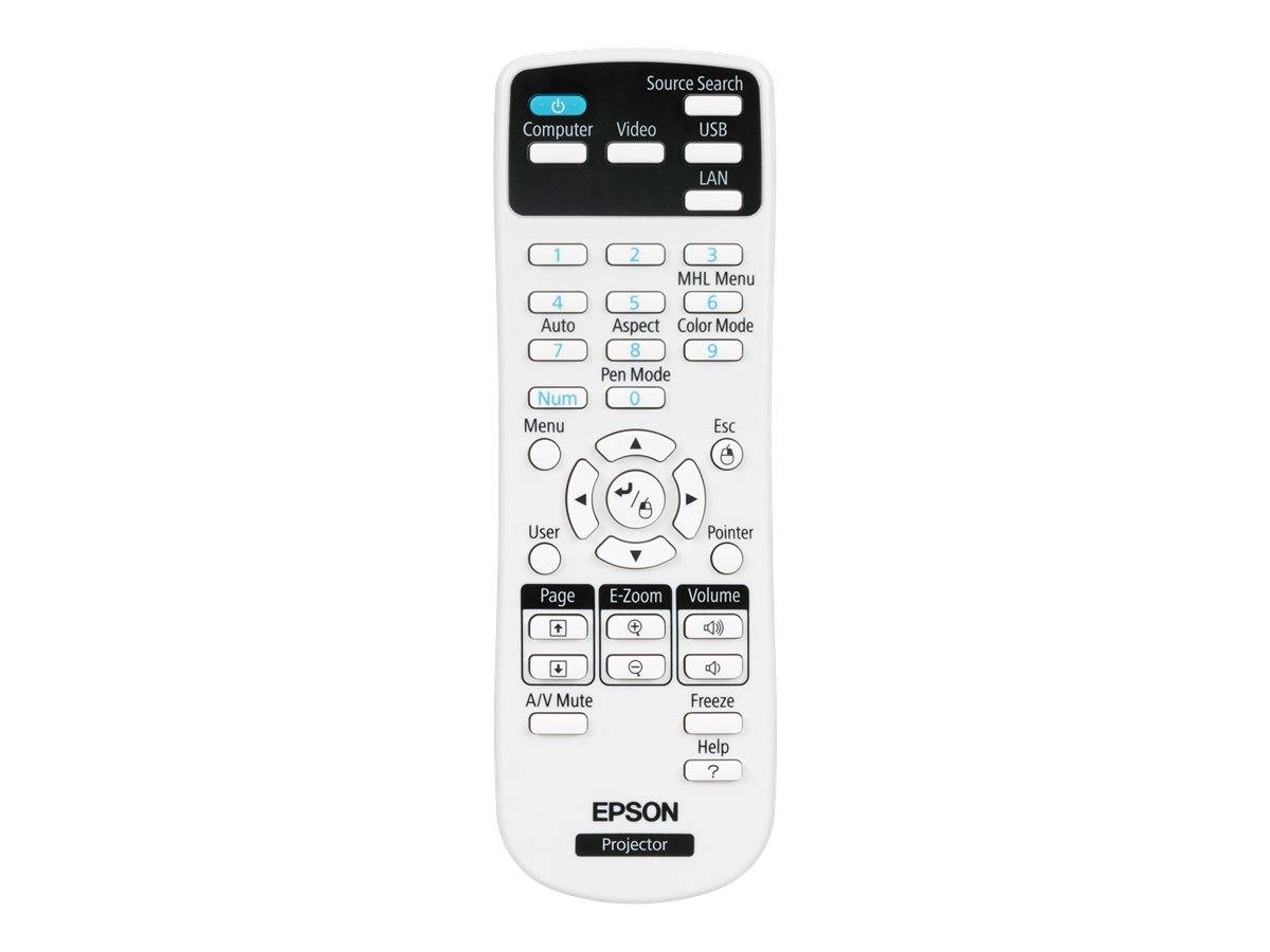 Eine Fernbedienung für einen Epson-Projektor verfügt über Tasten für Ein/Aus, Menü, Lautstärke, verschiedene Eingabequellen und Navigationsfunktionen.