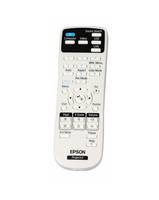 Fernbedienung für einen Epson-Projektor mit Tasten für Ein/Aus, Quellsuche, Lautstärke und Zifferntastatur mit Richtungssteuerung.