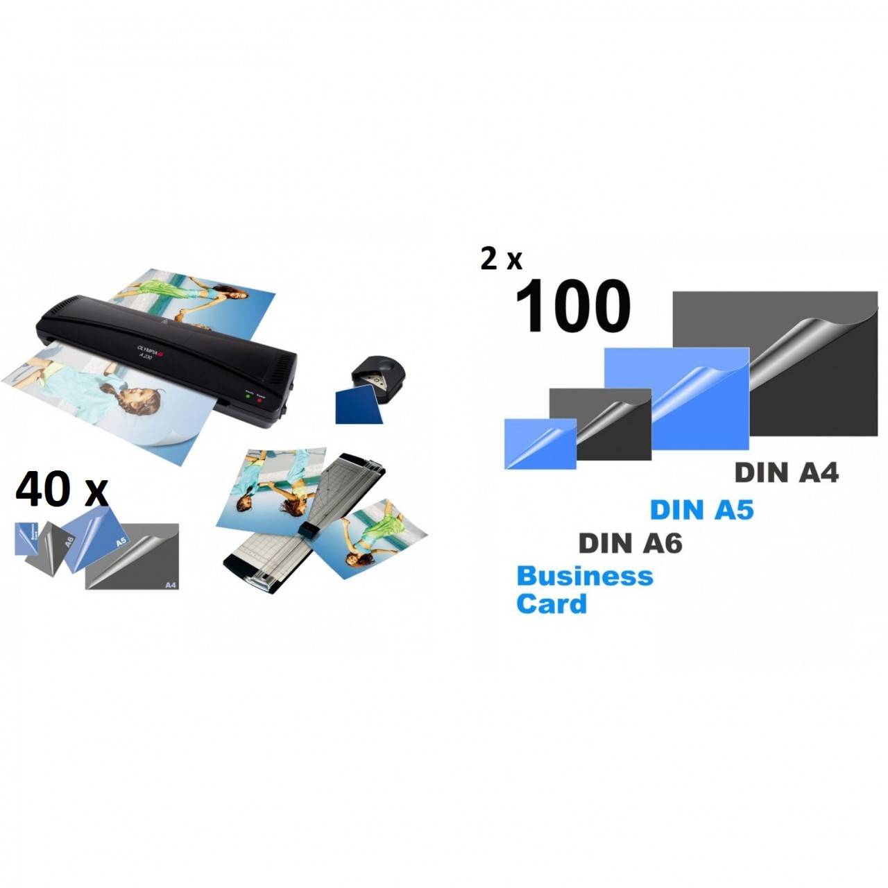 OLYMPIA A230 Laminiergerät Superset mit Schneidelineal, Eckenrunder und 240 gemischte Folien