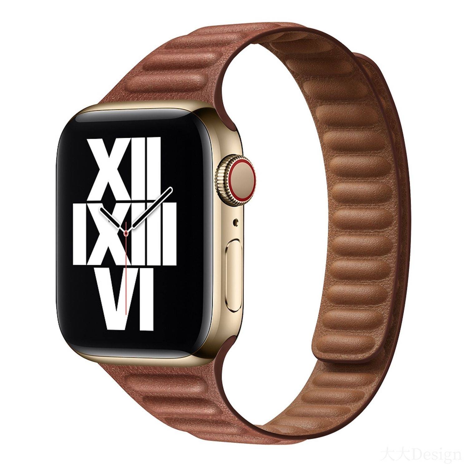 Apple Watch mit einem braunen Lederband, von der Seite auf weißem Hintergrund dargestellt, mit einem schwarzen Zifferblatt mit großen römischen Ziffern und Zeigern.