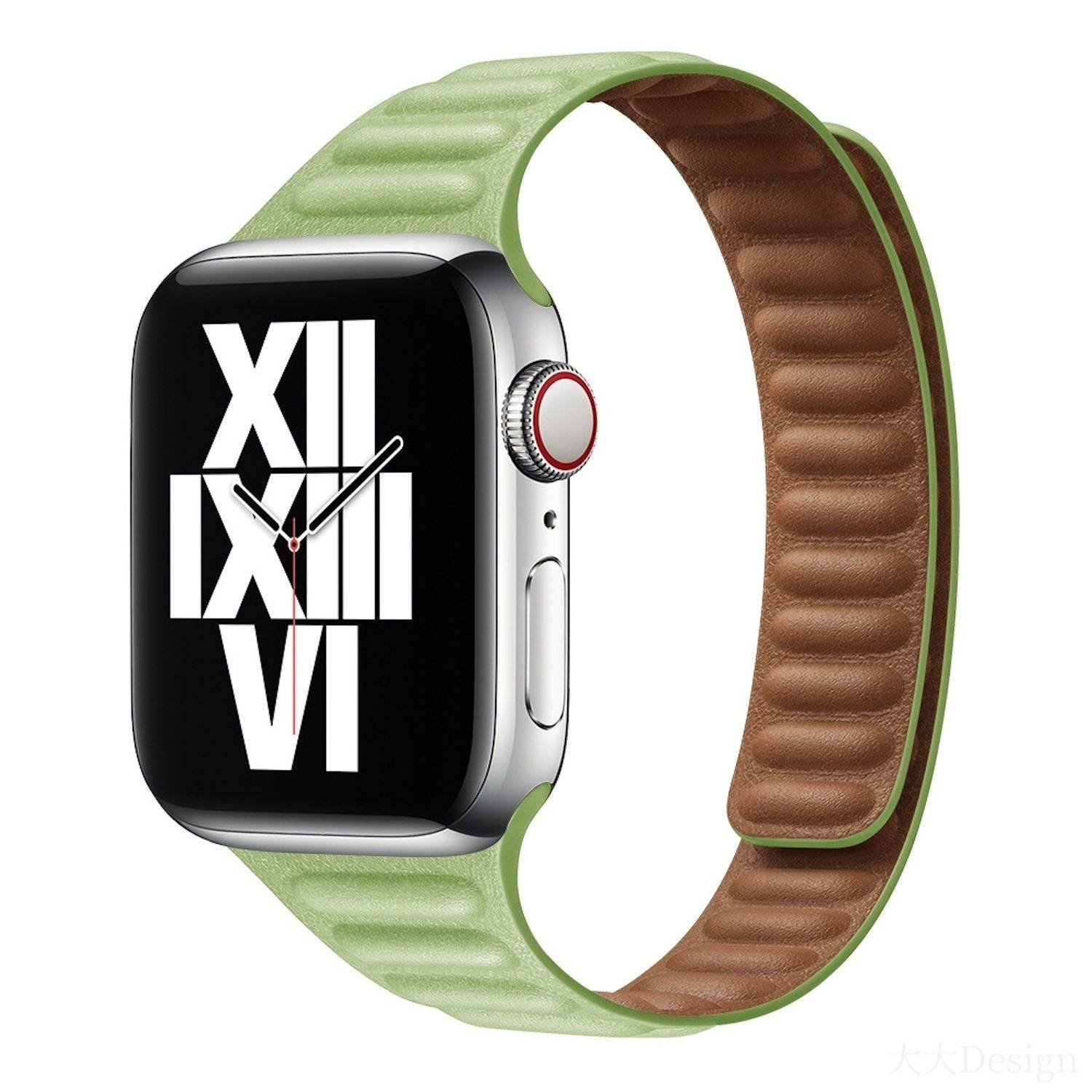 Apple Watch mit schwarzem Zifferblatt, das große römische Ziffern zeigt, Gehäuse aus Silber und grün-braun geripptem Armband auf weißem Hintergrund.