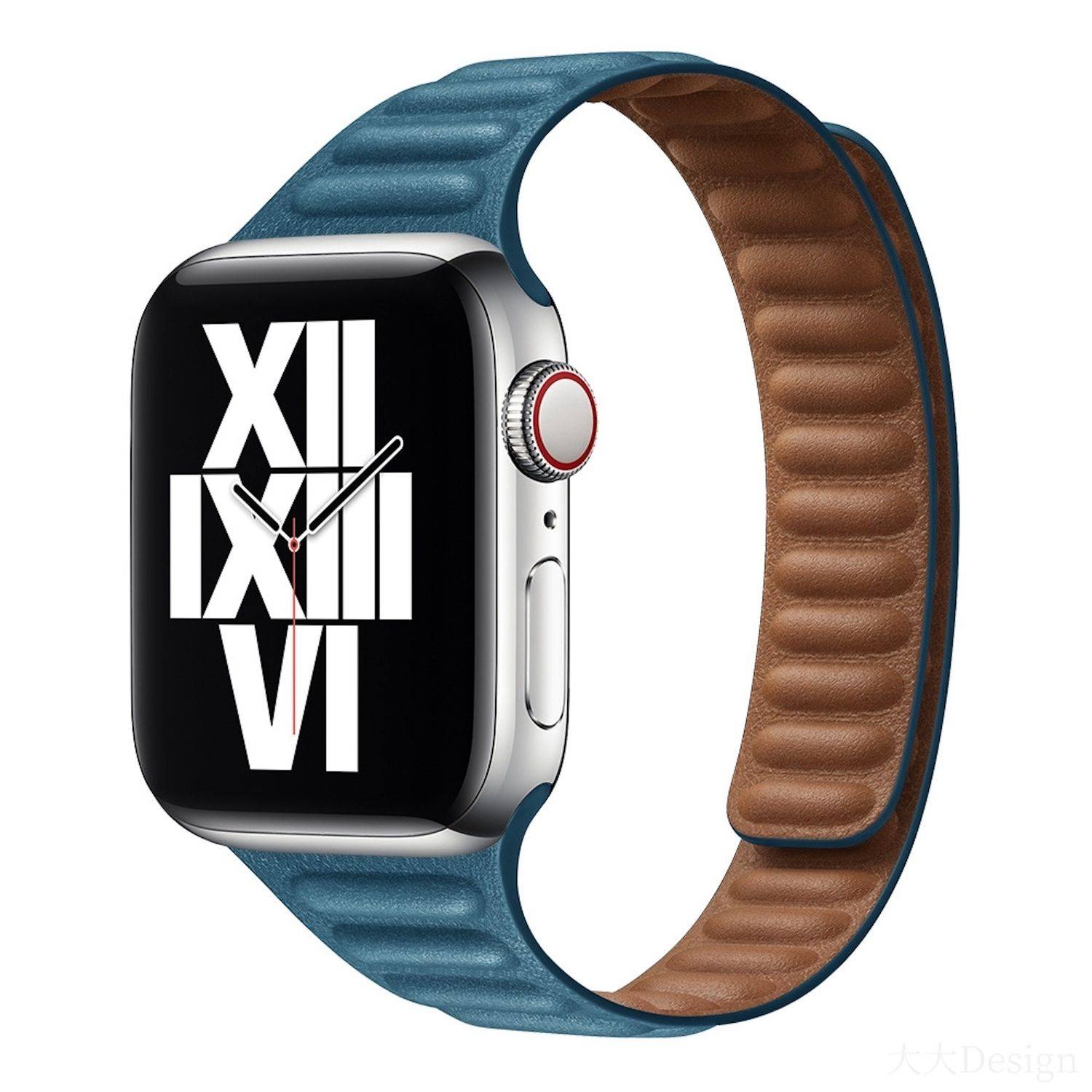 Apple Watch mit schwarzem Zifferblatt im Analogstil, großen weißen römischen Ziffern und einem blauen Armband mit brauner Innenfütterung.