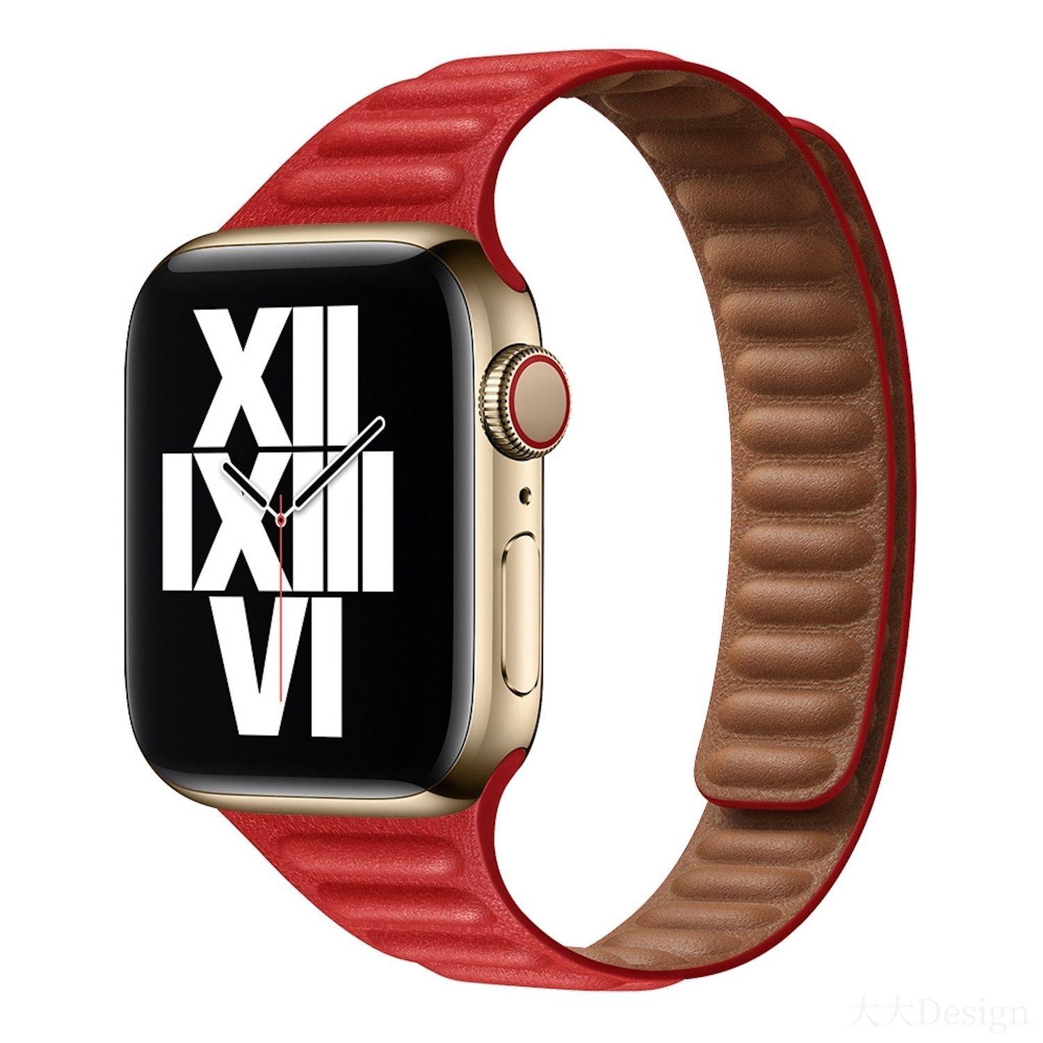 Apple Watch mit schwarzem Display zeigt römische Ziffern, Goldgehäuse und rotes Lederarmband auf weißem Hintergrund.