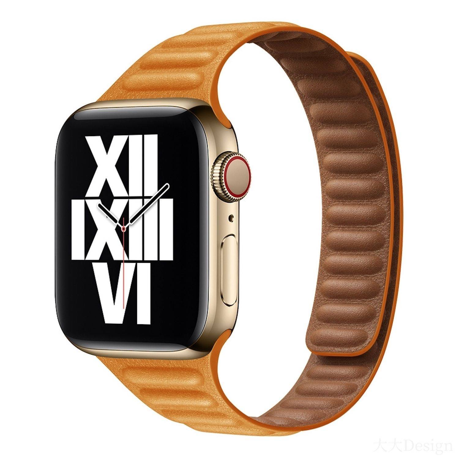 Gold-Smartwatch mit schwarzem Zifferblatt, auf dem große römische Ziffern und analoge Zeiger angezeigt werden, kombiniert mit einem braunen Lederarmband auf weißem Hintergrund.
