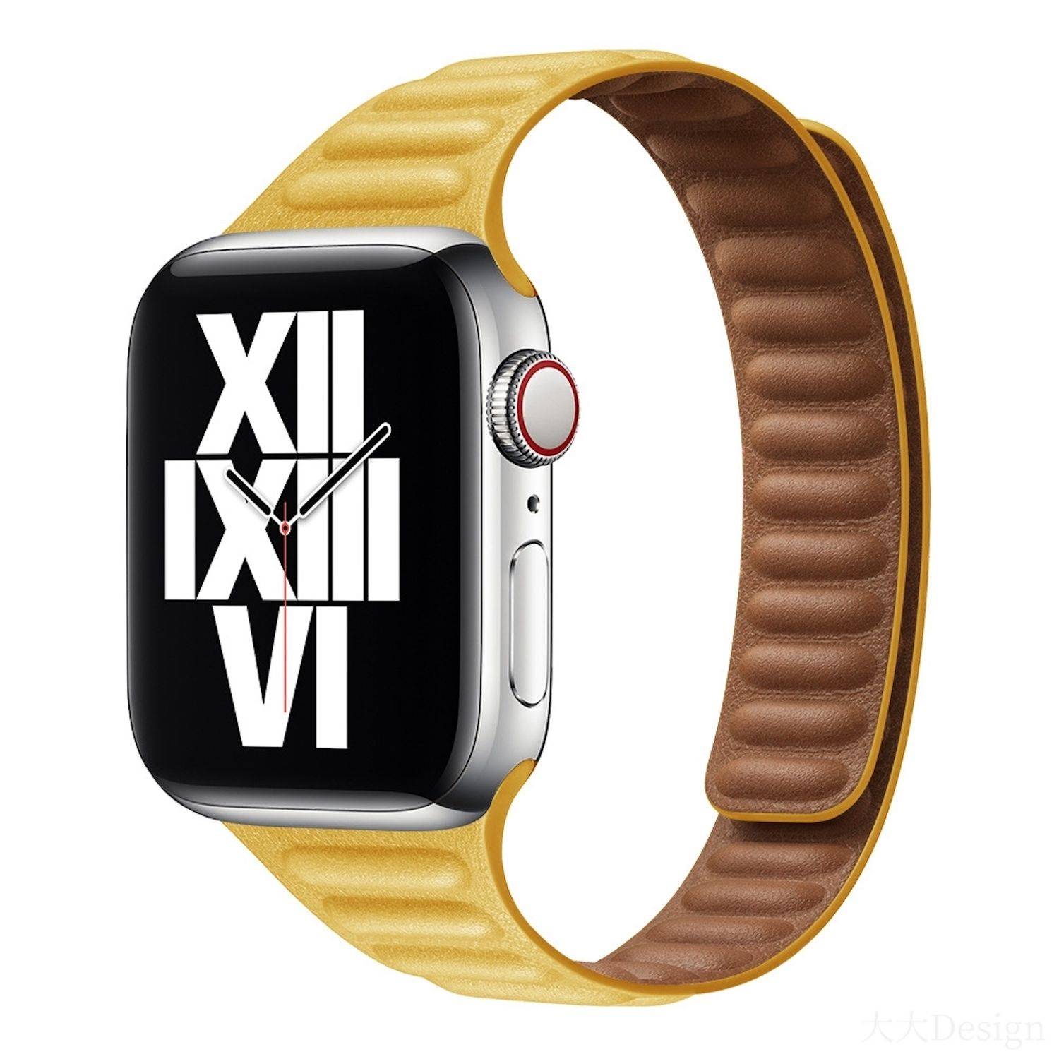 Goldene Apple Watch mit schwarzem Zifferblatt mit römischen Ziffern, silbernem Gehäuse, roter Krone und zweifarbigem gelb-braunem Armband auf weißem Hintergrund