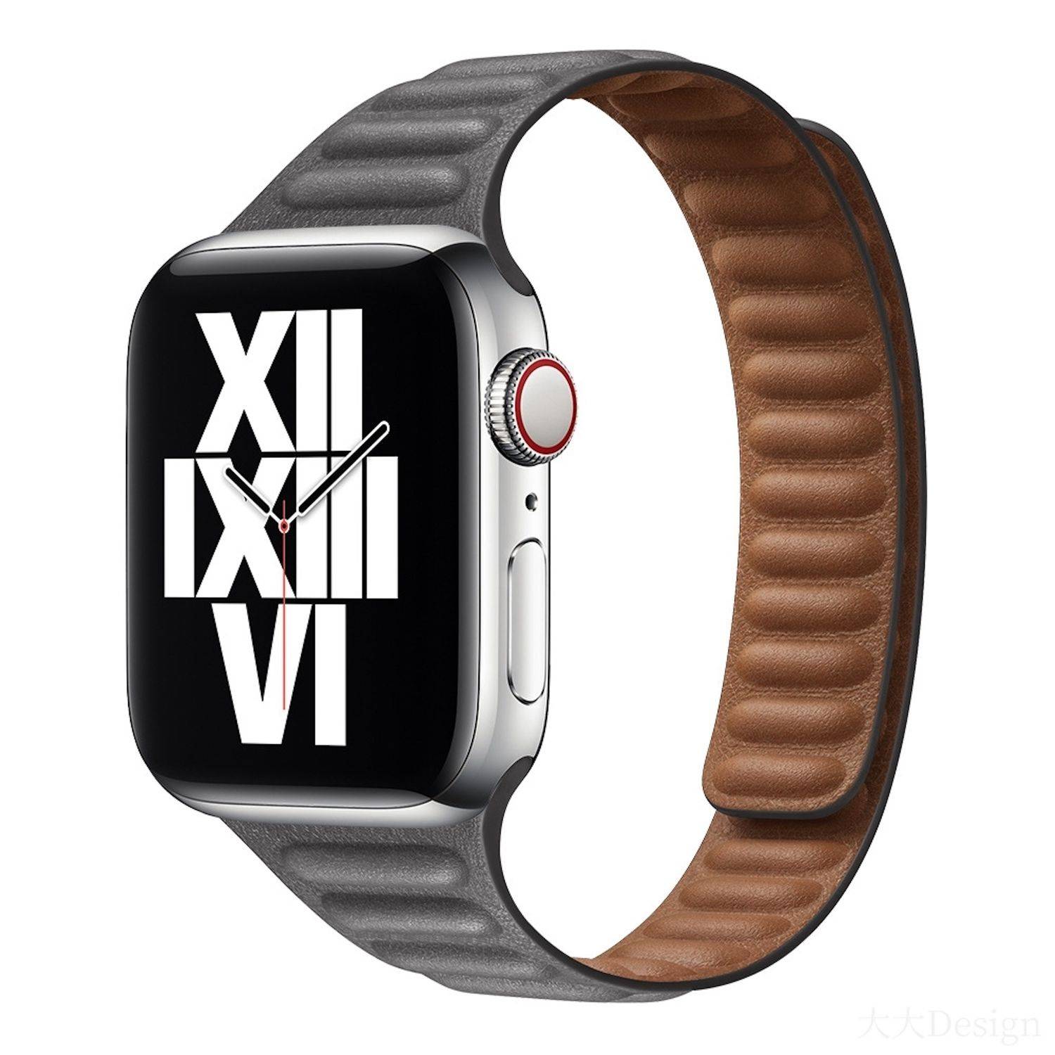 Silberne Smartwatch mit schwarzem Display, das große römische Ziffern anzeigt, gepaart mit einem strukturierten grau-braunen Armband auf weißem Hintergrund.
