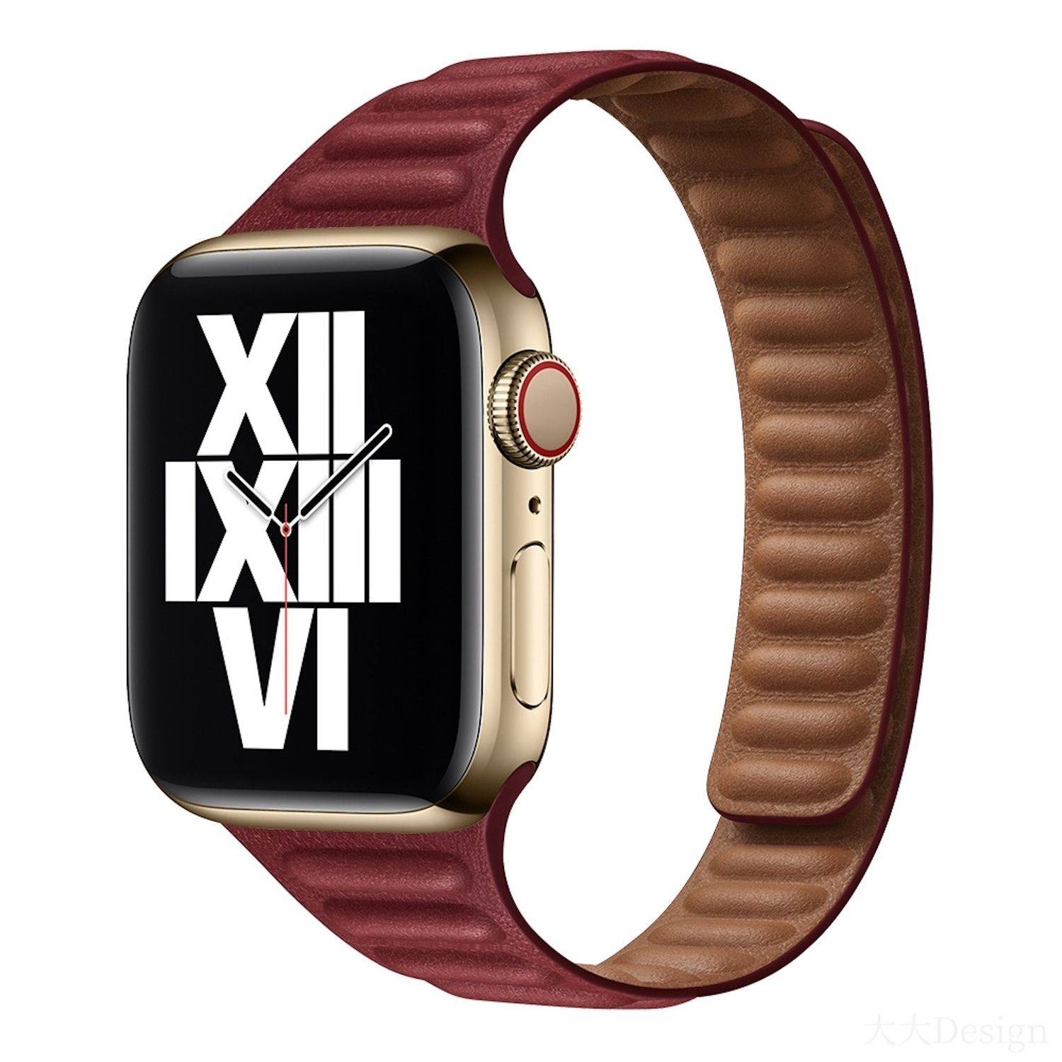 Luxussmartwatch mit schwarzem Zifferblatt mit römischen Ziffern, goldenem Gehäuse und burgunderrotem Armband auf weißem Hintergrund.