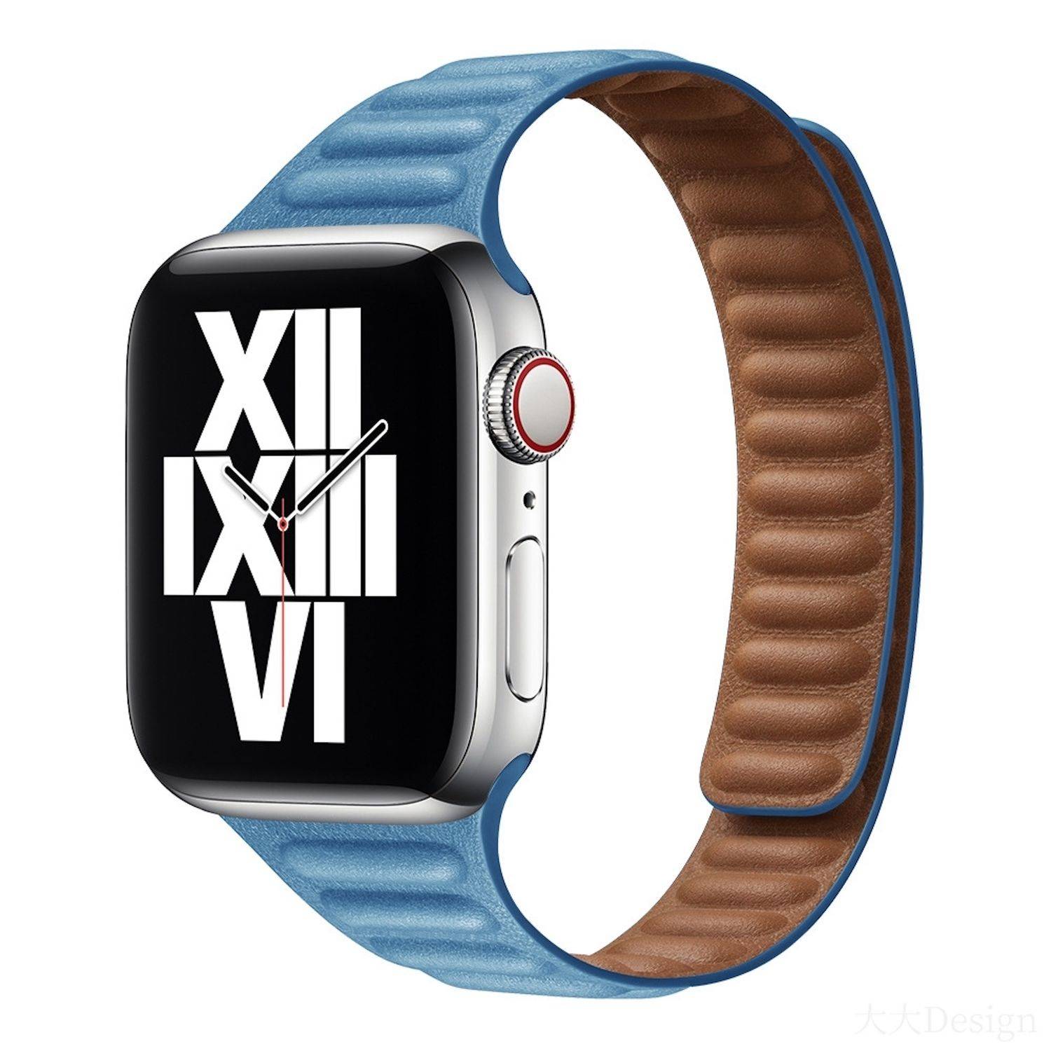 Smartwatch mit schwarzem Display, das römische Ziffern XII, III, VI als Zifferblatt zeigt, Gehäuse aus Silber mit blauem Armband und brauner Innenfütterung.