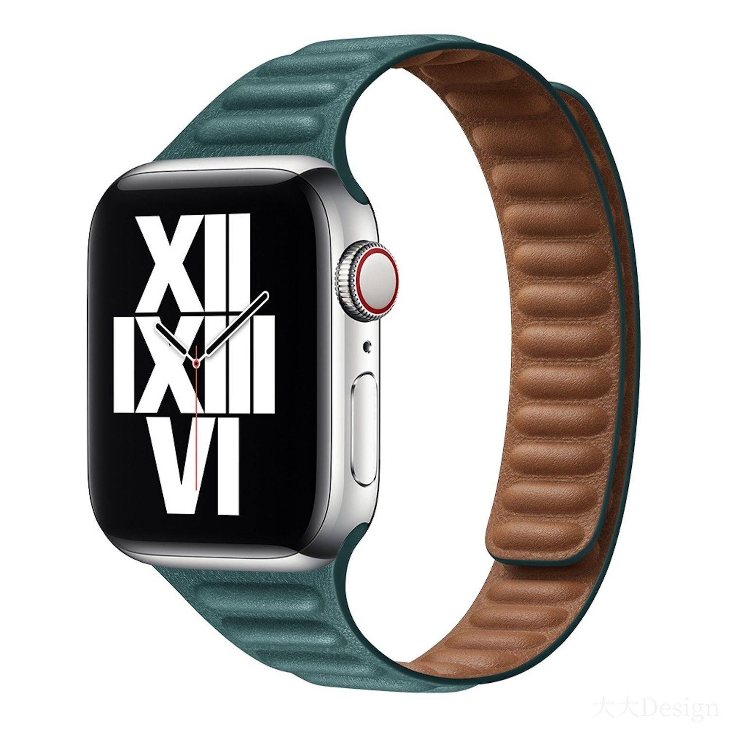 Digitale Smartwatch mit schwarzem Zifferblatt, das römische Ziffern anzeigt, analogem Uhrzeiger, silbernem Gehäuse und blaugrün-braunem Armband auf weißem Hintergrund.