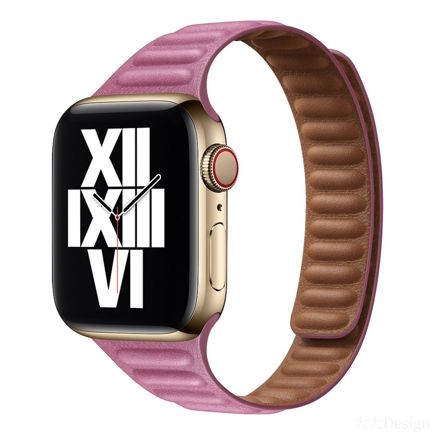 Apple Watch mit rosa Armband, Gehäuse aus Gold und schwarzem Zifferblatt mit großen römischen Ziffern XII, IX, VI.