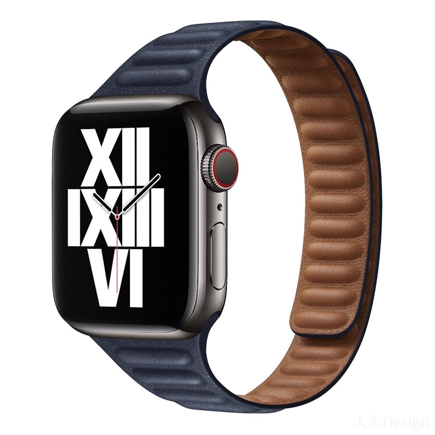 Ein Nahaufnahme-Produktbild einer schwarzen Smartwatch mit dunkelblauem Armband, das ein digitales analoges Ziffernblatt mit großen weißen römischen Ziffern und einer roten Krone zeigt.