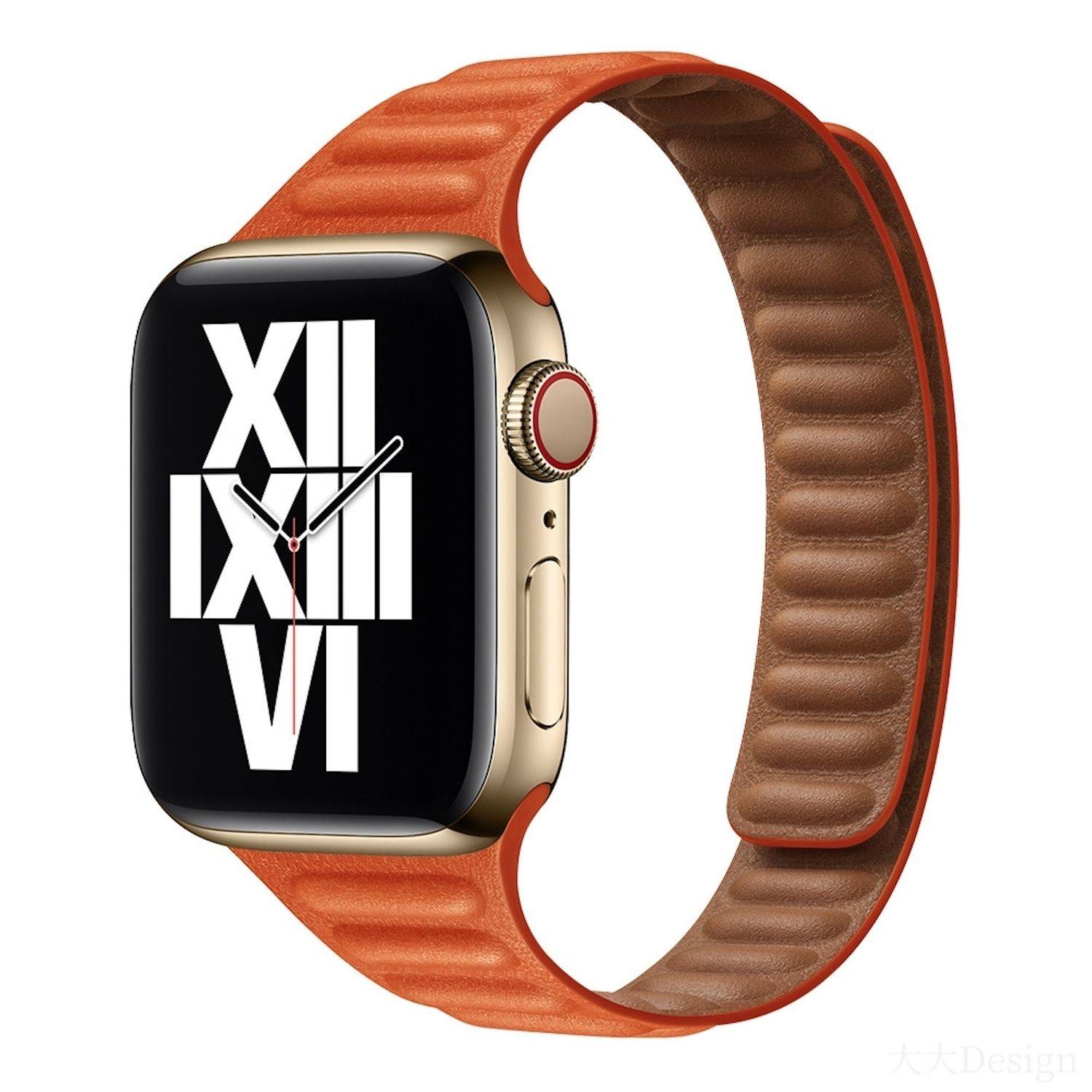 Orange-farbige Smartwatch mit schwarzem Display, das große römische Ziffern XII, IX und VI wie ein analoges Zifferblatt anzeigt.