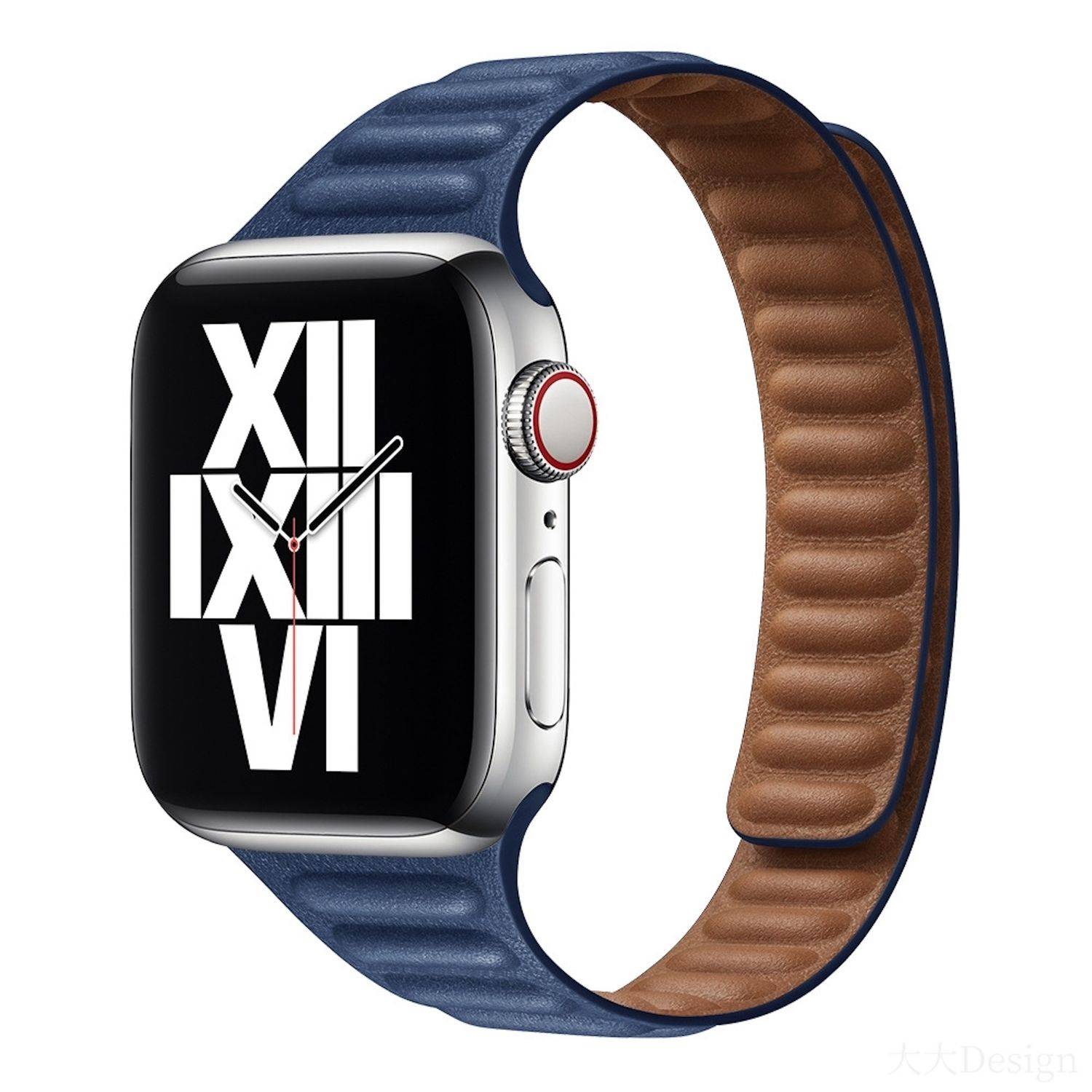 Apple Watch mit blauem Armband und brauner Unterseite, vor weißem Hintergrund gezeigt mit einem analogen Zifferblatt mit römischen Ziffern.