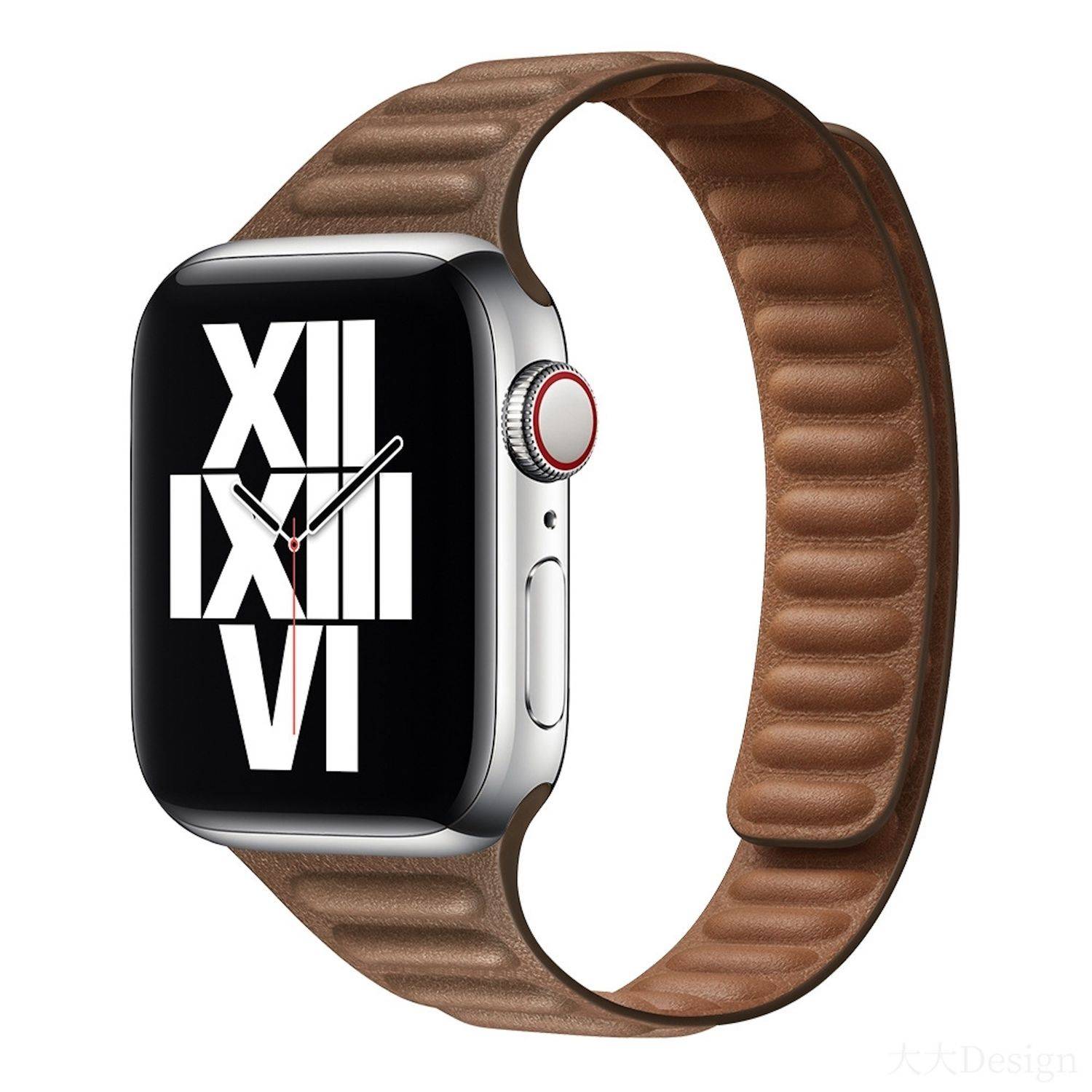 Braune Smartwatch mit Lederband, schwarzem Display mit großen römischen Ziffern und analogen Zeigern.