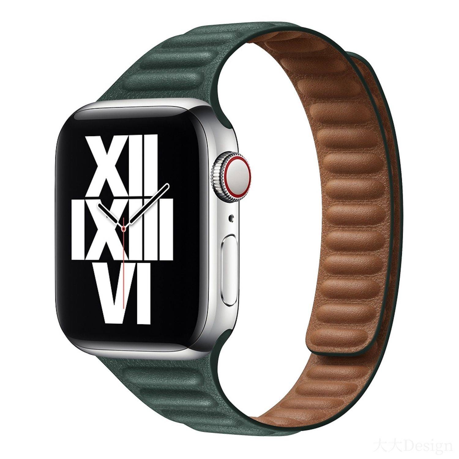 Apple Watch mit schwarzem Zifferblatt mit weißen römischen Ziffern, silbernem Gehäuse und grün-braunem Lederarmband auf weißem Hintergrund.