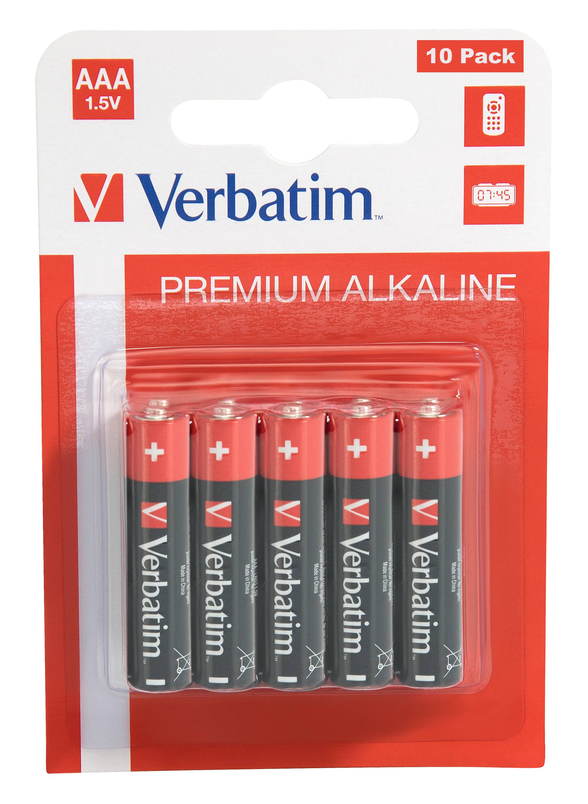 Verbatim Premium Alkaline AAA 1,5V Batterien, 10er-Pack in Blisterverpackung mit fünf sichtbaren Batterien vorne