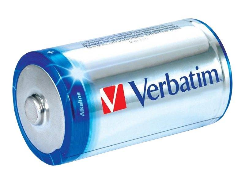 Nahaufnahme einer Verbatim-Alkalibatterie, die auf ihrer Seite liegt und den Markennamen sowie die positive Anschlusskappe zeigt.