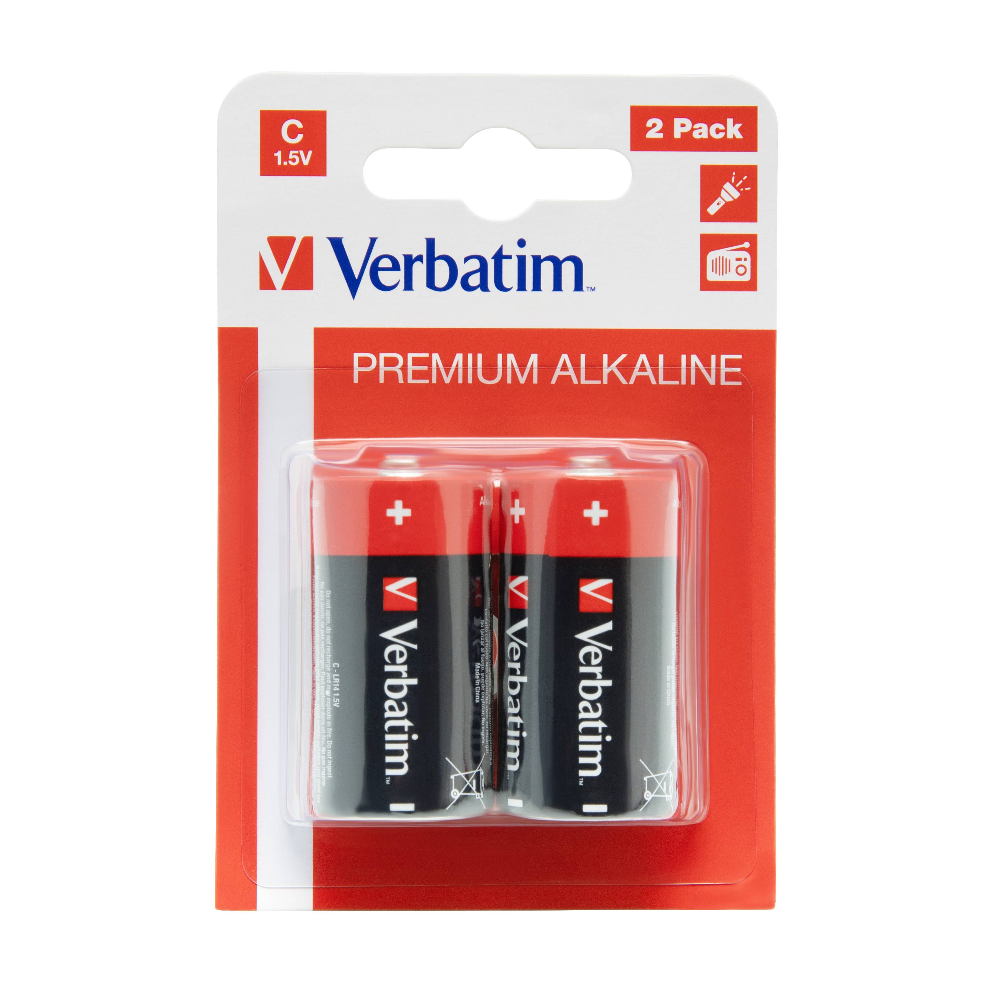 Verbatim Premium Alkaline C 1,5V Batterien, 2er-Pack, in Einzelhandelsblisterverpackung.