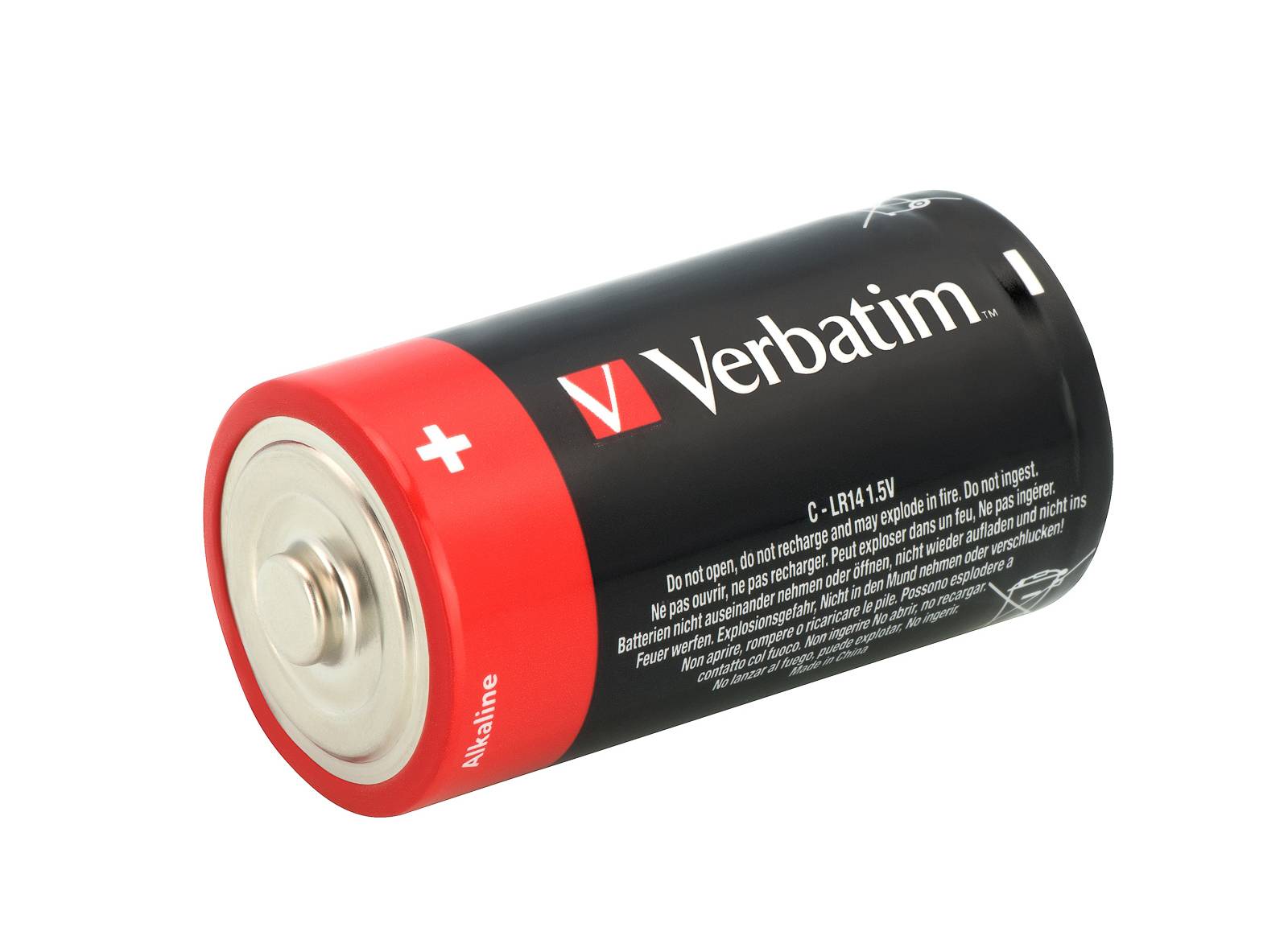 Verbatim C-Batterie mit rotem Pluspol und schwarzem Gehäuse auf weißem Hintergrund.