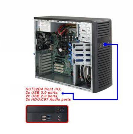 Geöffnetes Desktop-Computergehäuse mit internen Komponenten und vorderem I/O-Panel mit 2 USB-3.0-Anschlüssen, 2 USB-2.0-Anschlüssen und 2 HD/AC97-Audioanschlüssen.