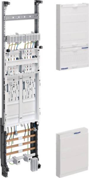 Eine elektrische Verteilerdose mit mehreren Stromkreisen und Verkabelungen, die eine detaillierte Ansicht der internen Komponenten und Verbindungen zeigt.