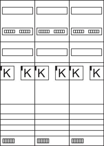 Elektrische Sicherungsschaltung mit fünf Panels, unter denen jeweils der Buchstabe 'K' steht.