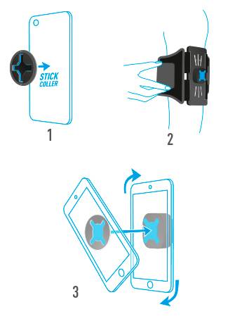 Bebilderte 3-Schritte-Anleitung zur Telefonhalterung: Kleber-Kragen am Telefon anbringen, Clip in die Halterung einsetzen, dann das Telefon an den Halter befestigen.