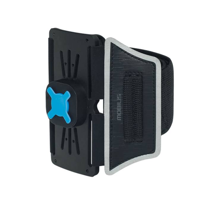 Handy-Halterung in Schwarz mit blauem Verstellknopf und gepolstertem Seitengriff, dargestellt auf weißem Hintergrund.