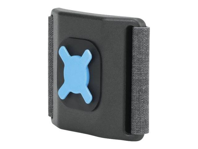 Schwarze Kunststoffhalterung für Telefone mit blauem X-förmigem Griff und seitlichen Stoffriemen zur Befestigung auf einer Oberfläche.