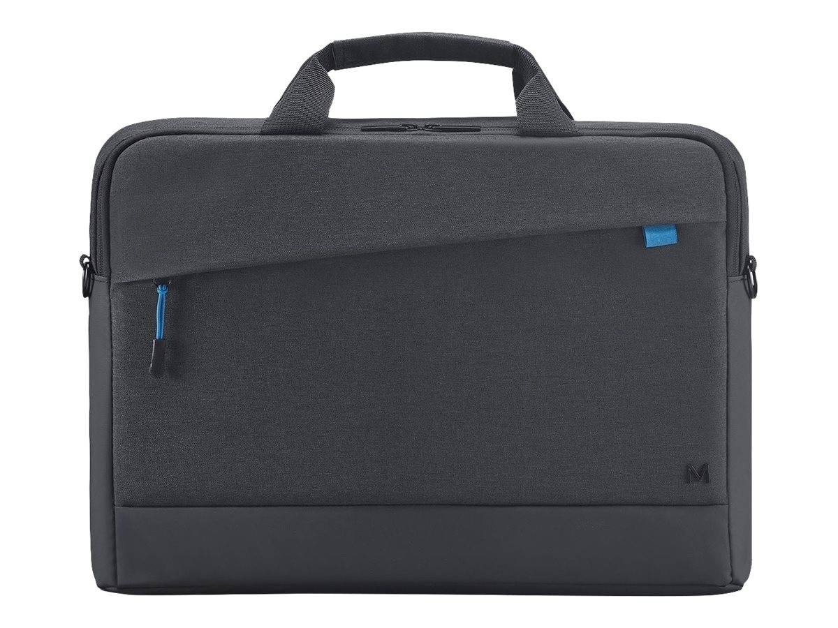 Schwarze Laptop-Aktentasche mit Tragegriff oben, vorderer Reißverschlusstasche und Schultergurt-Befestigungen auf weißem Hintergrund.