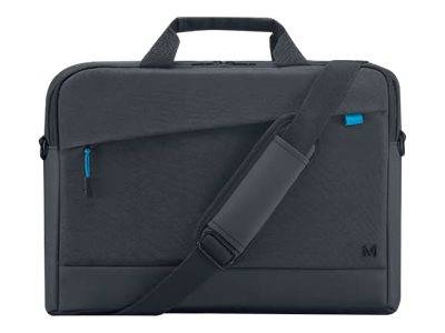 Schwarze Laptop-Aktentasche mit Tragegriff oben, vorderer Reißverschlusstasche und verstellbarem Schultergurt auf weißem Hintergrund.