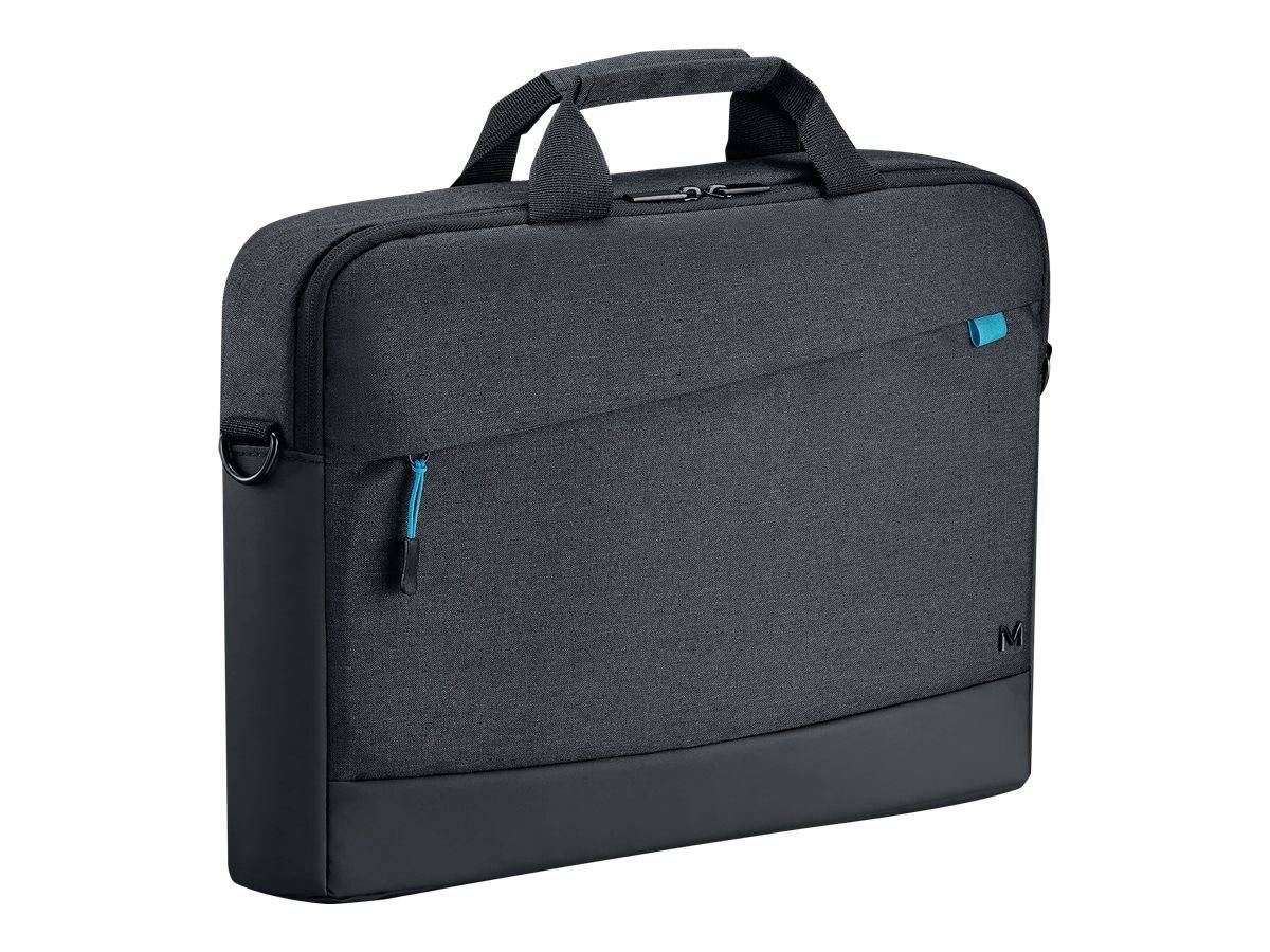 Dunkelgraue Laptop-Aktentasche mit Tragegriffen oben, vorderer Reißverschlusstasche und Schultergurt auf weißem Hintergrund.